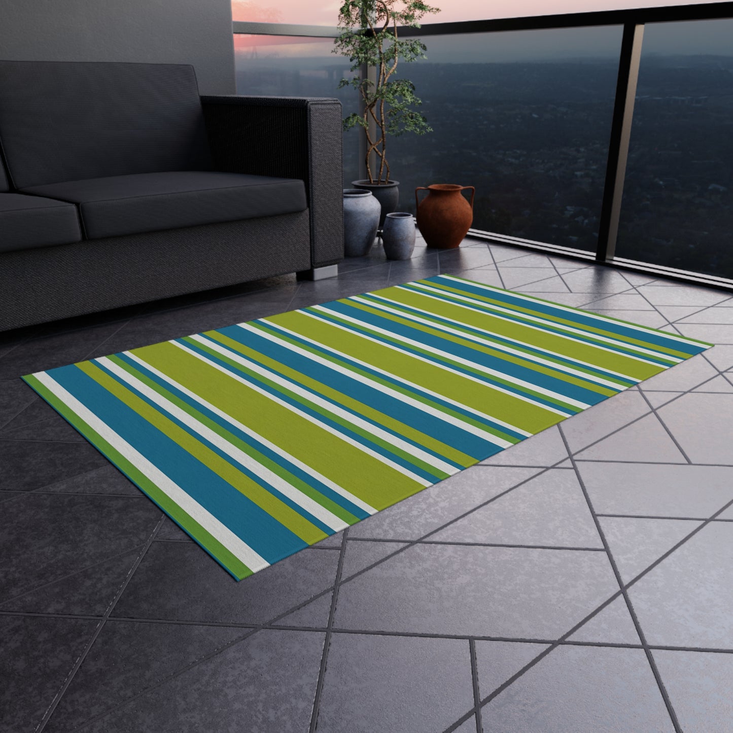 Blue Green White Stripe Outdoor/Indoor Rug | Patio Mat, Weather-Resistant