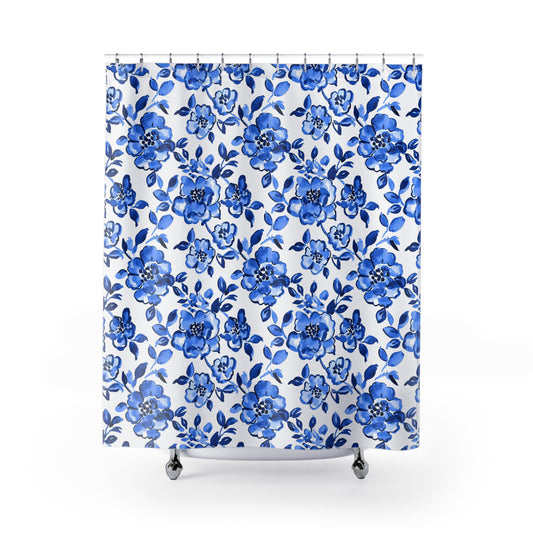 Elegant Floral Shower Curtain, Blue Flower Bath Decor, Bathroom Accessories, Spring Home Decor, Gift for Homeowner, Floral Design - LOLA VEGAS ART