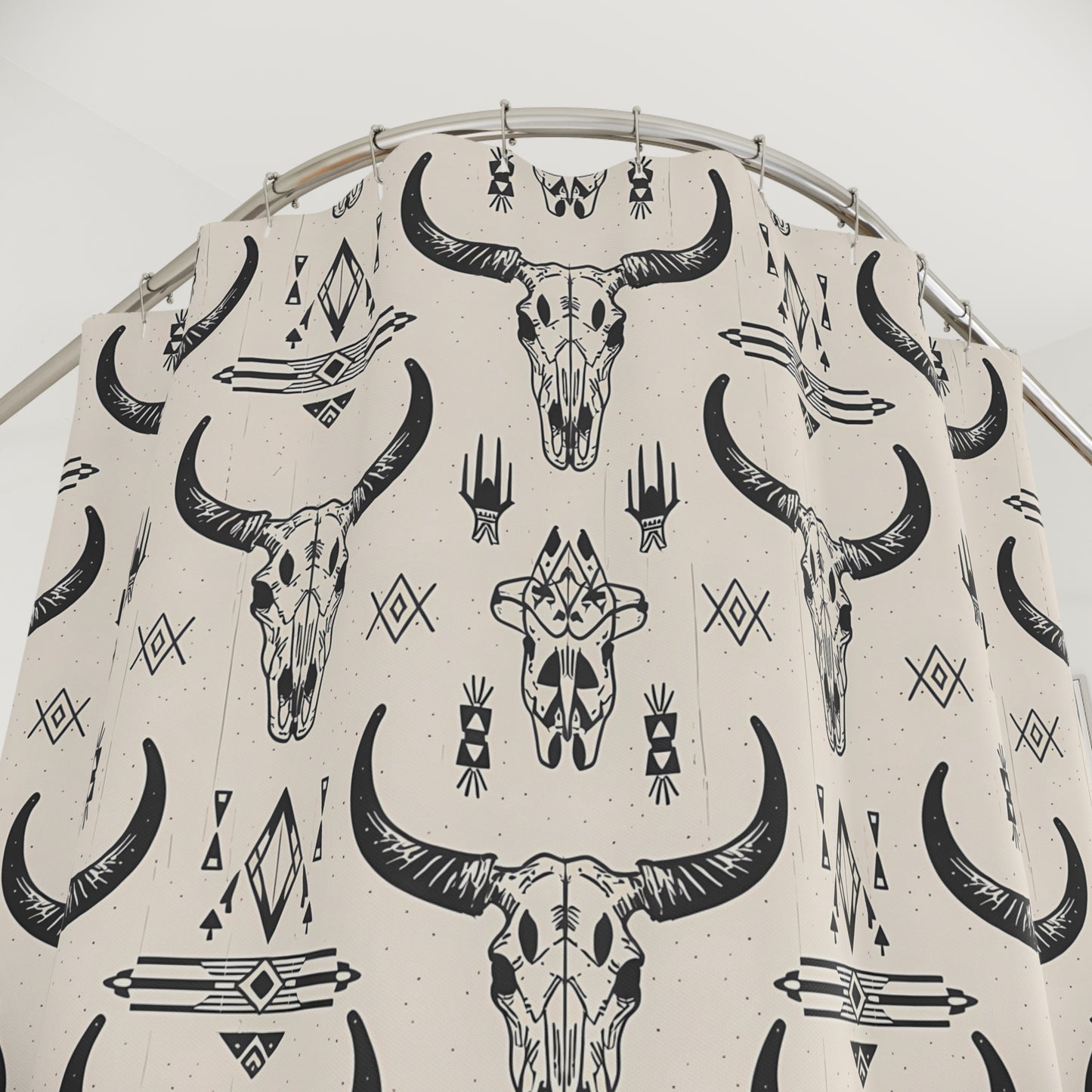 Rustic Bull Skull Shower Curtain - Boho Home Decor, Western Style Bathroom, Unique Gift for Cowgirls and Farmhouse Lovers, Tribal Design - LOLA VEGAS ART