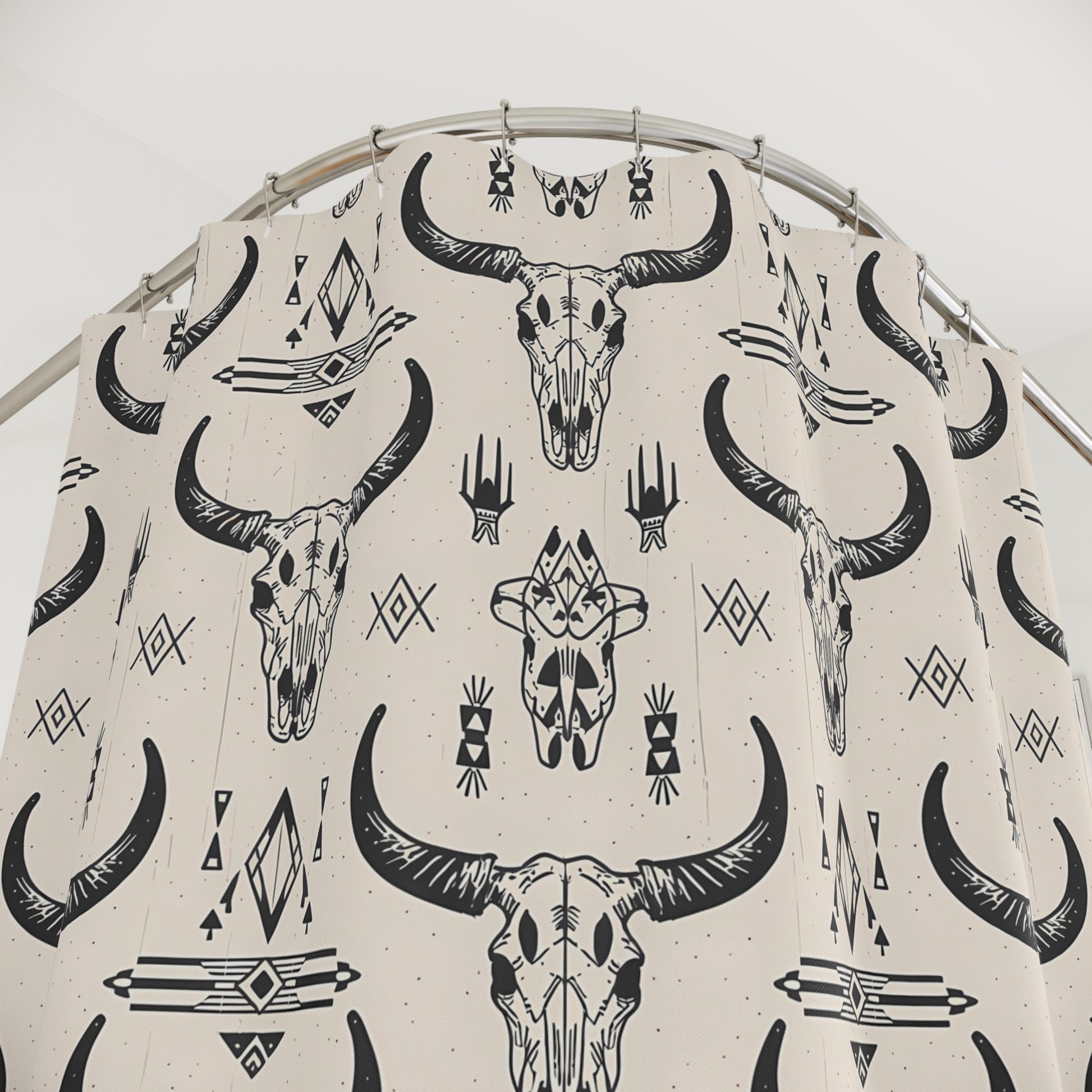 Rustic Bull Skull Shower Curtain - Boho Home Decor, Western Style Bathroom, Unique Gift for Cowgirls and Farmhouse Lovers, Tribal Design - LOLA VEGAS ART