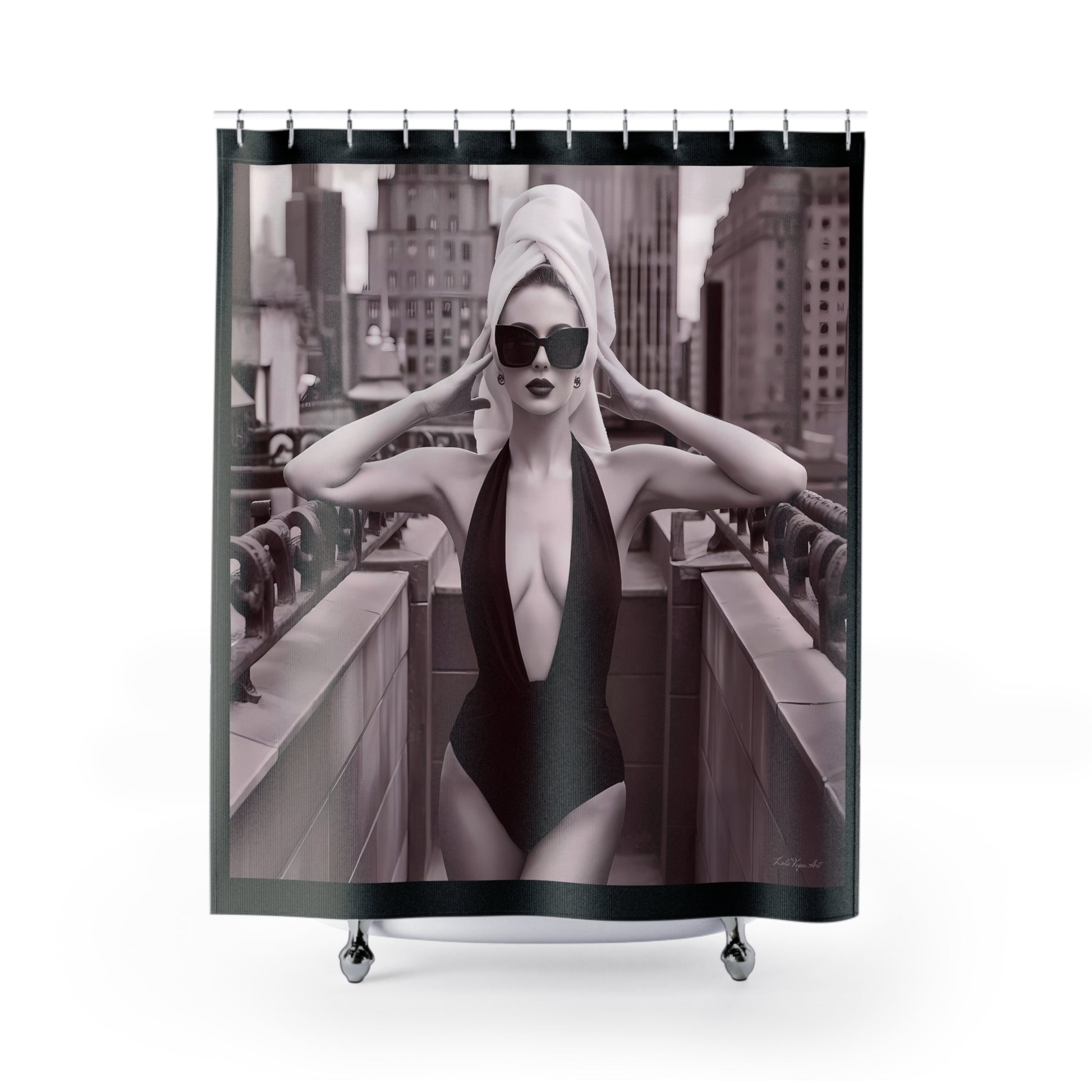 Fashionista Glamour Shower Curtain - Sepia Toned Fine Art Photography, NYC Rooftop Deck, Bathroom Decor - LOLA VEGAS ART