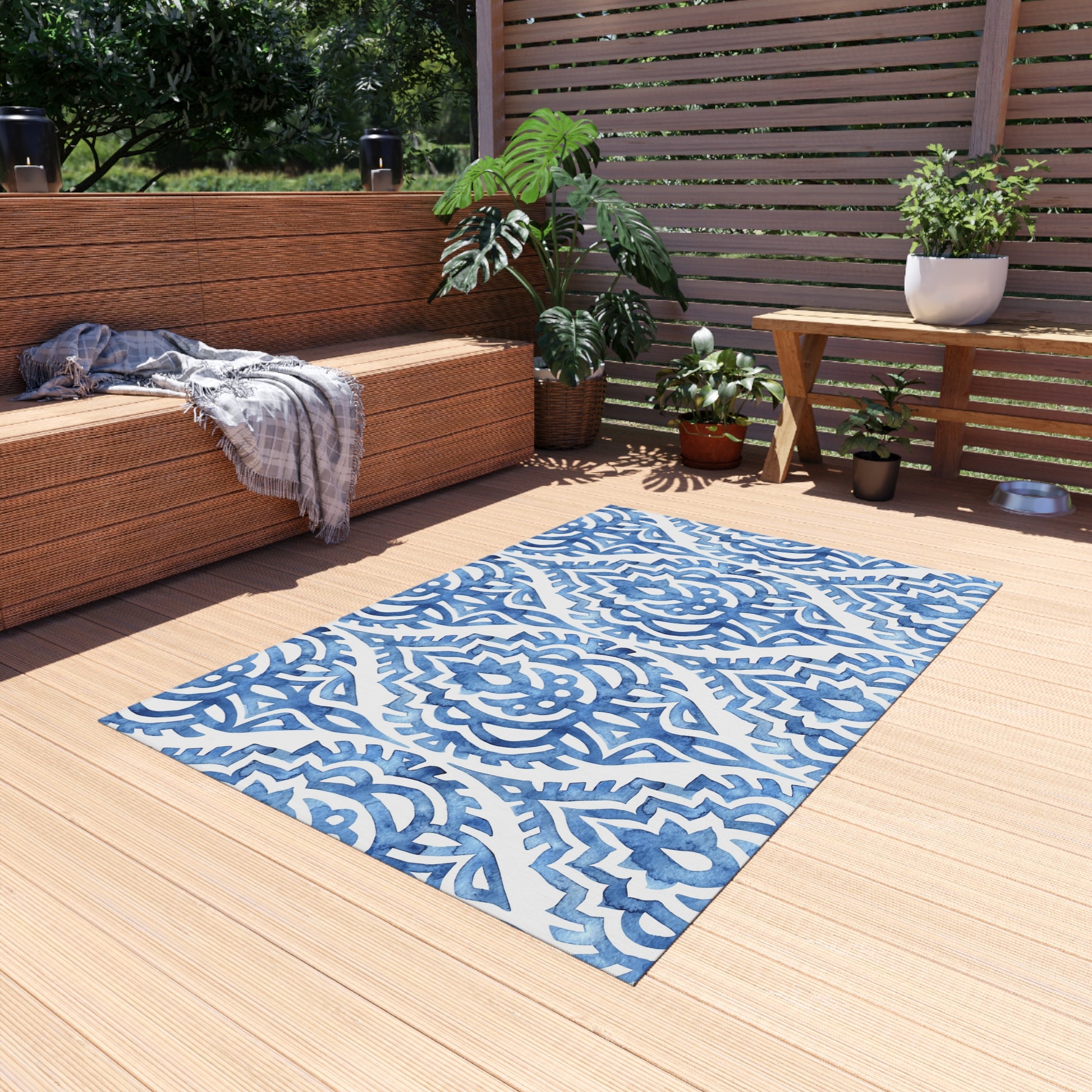 Outdoor/Indoor Rug in Elegant Blue Pattern, Patio Decor, Garden Style, Camping Accessory, Indoor/Outdoor Mat - LOLA VEGAS ART