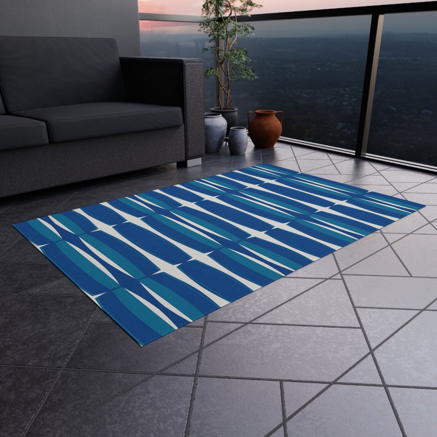 Blue White Mid-Century Geometric Outdoor Rug | Retro Teal Navy Pattern
