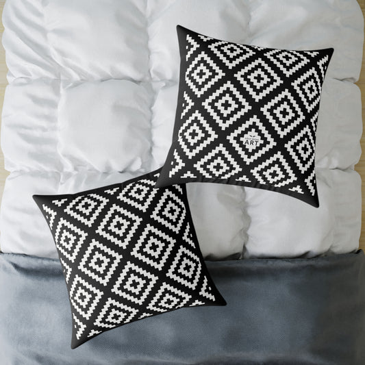 Black White Boho Native American Geometric Diamond Pattern Pillow | Square Poly Canvas Pillow