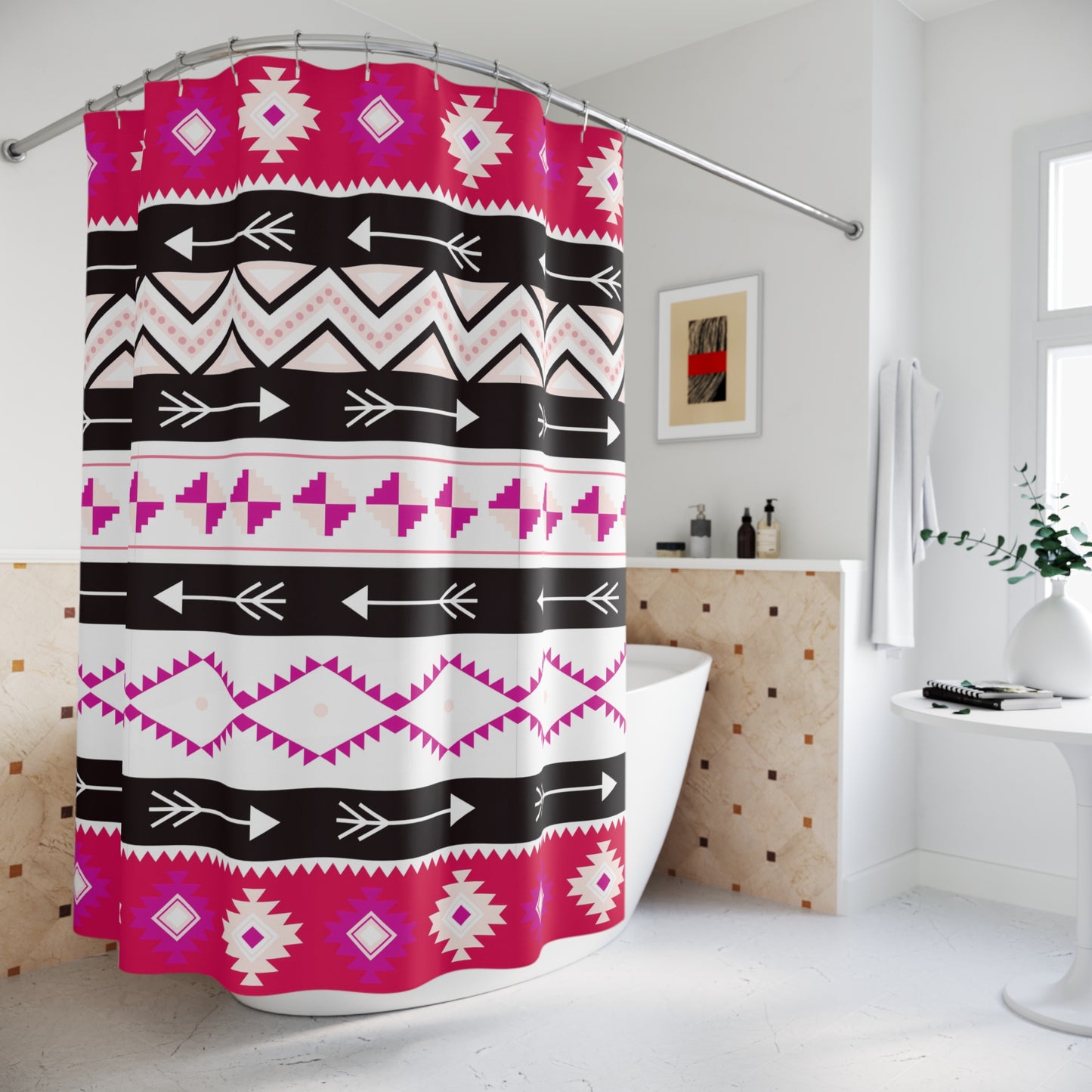 Boho Chic Shower Curtain with Arrow Pattern, Vibrant Bathroom Decor, Tribal Style Home Accessory, Perfect for Modern or Rustic Spaces,