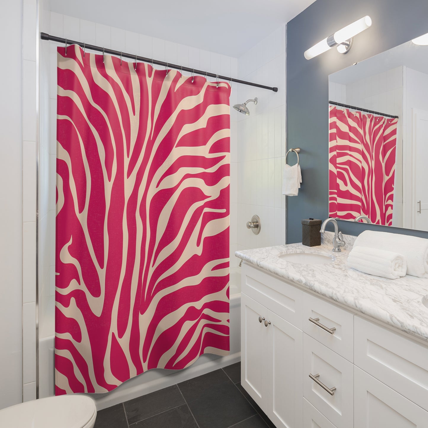 Zebra Stripe Shower Curtains, Red Pink Luxury Bath Decor, Glamorous Bathroom Accessories, Off-White Curtain Set, Designer Home Decoration - LOLA VEGAS ART