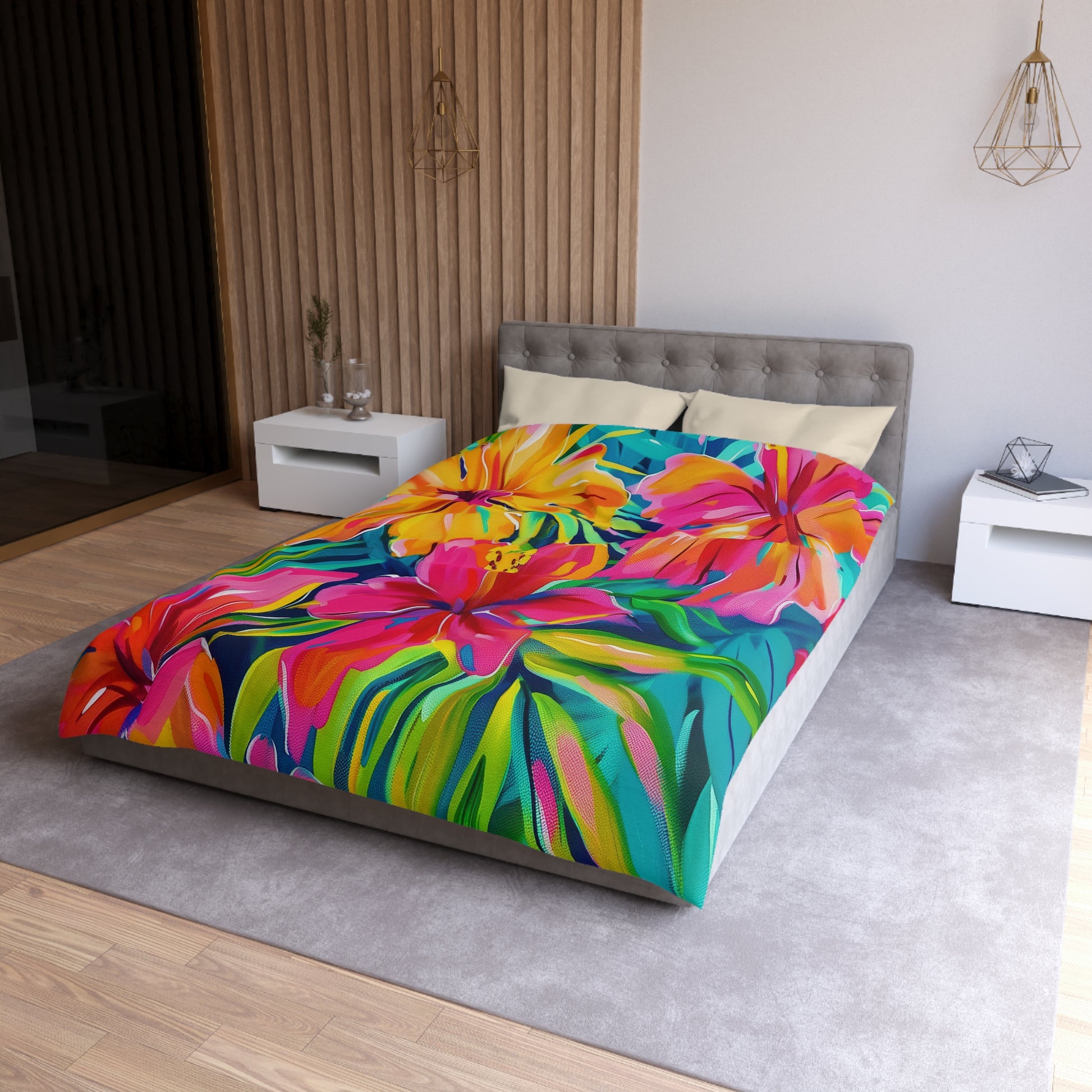 Tropical Floral Microfiber Duvet Cover - Vibrant Bedding, Boho Home Decor, Floral Print Cover, Summer Vibes, Gift for Her, Pink and Green - LOLA VEGAS ART