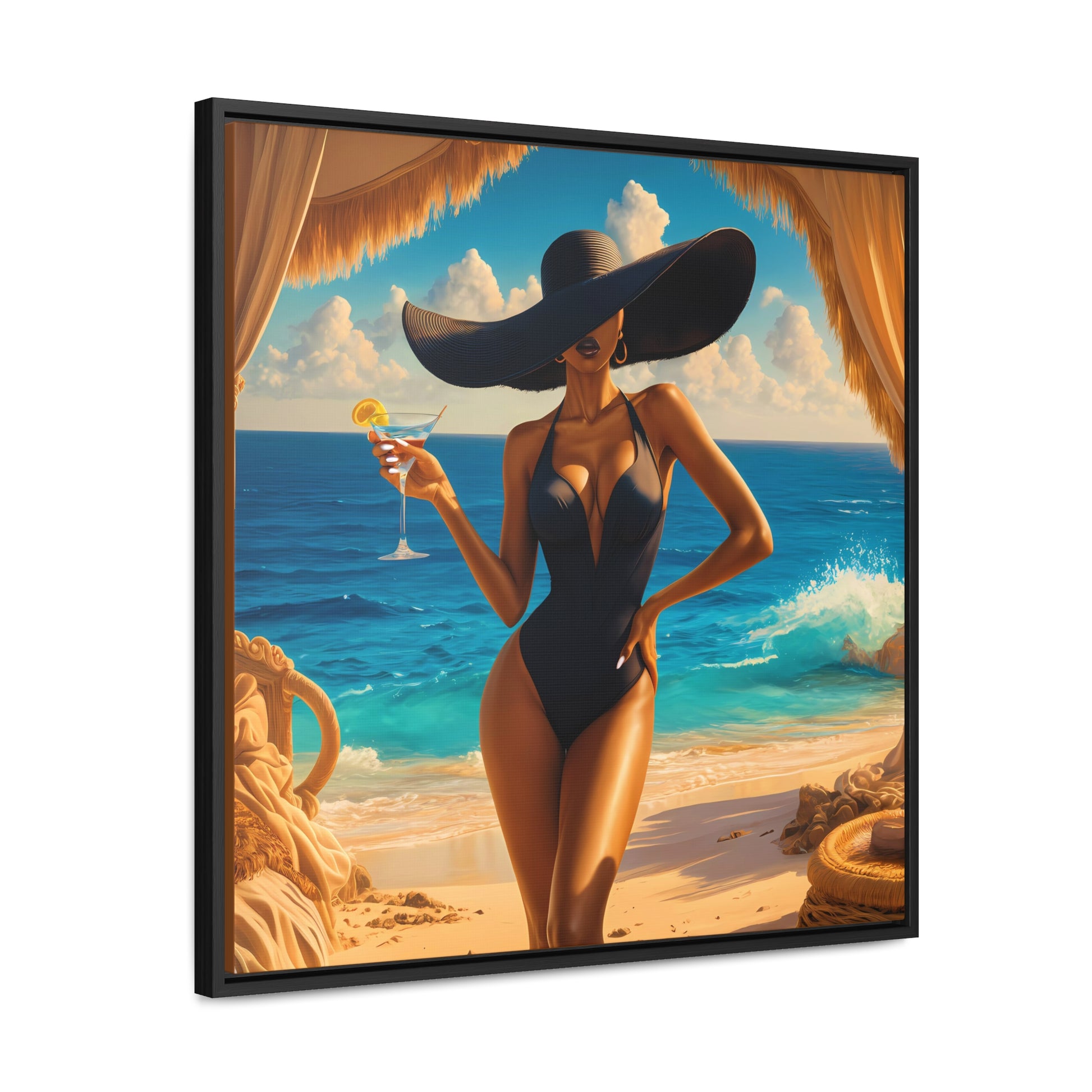 Canvas Wall Art, Woman in Sunhat at Beach with Martini, Home Decor, Square Frame, Vacation, Summer, Ocean View, Tropical Artwork, Beach - LOLA VEGAS ART