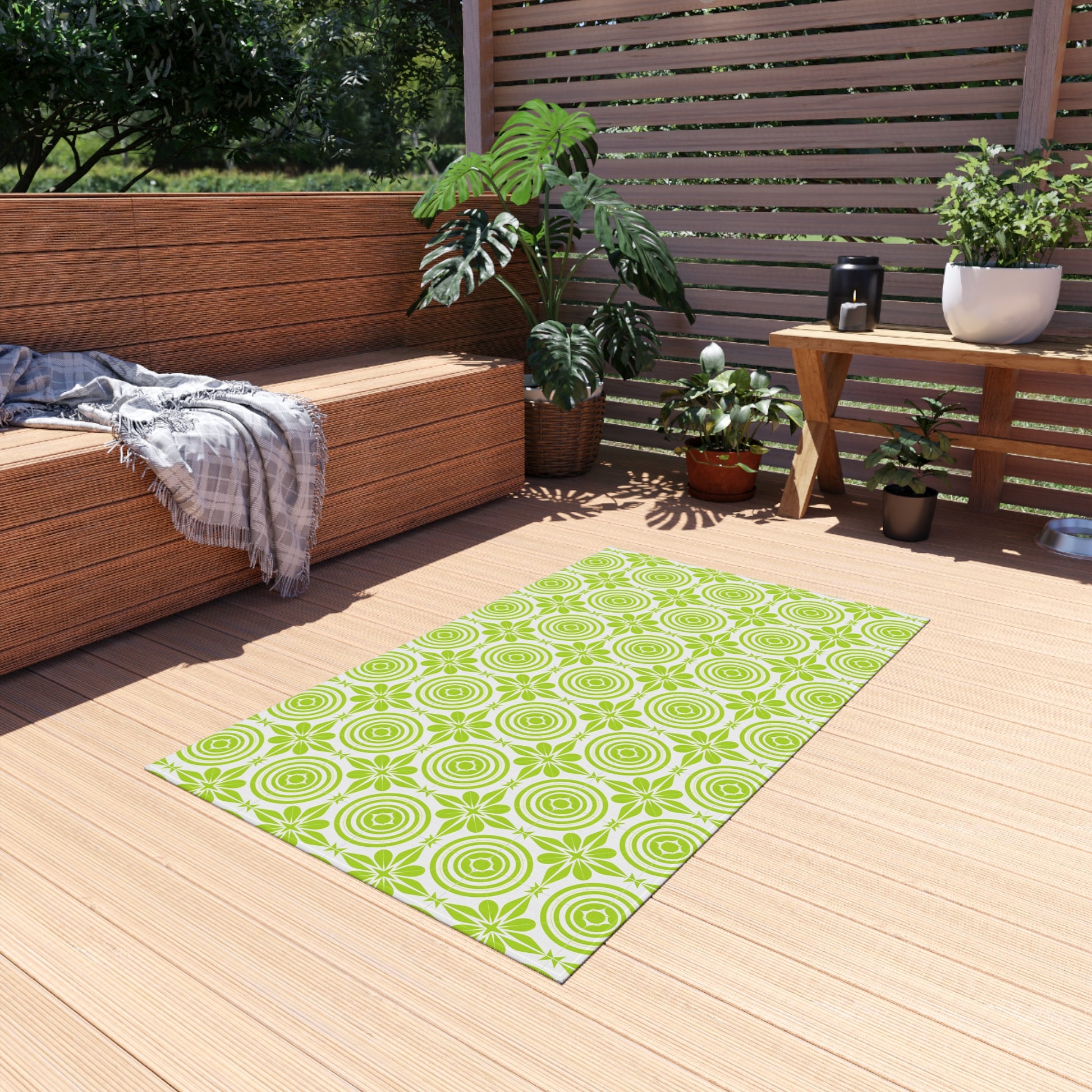 Vibrant Green and White Outdoor Rug, Decorative Patio Mat, Garden Floor Covering, Picnic Area Carpet, Stylish Outdoor Decor - LOLA VEGAS ART