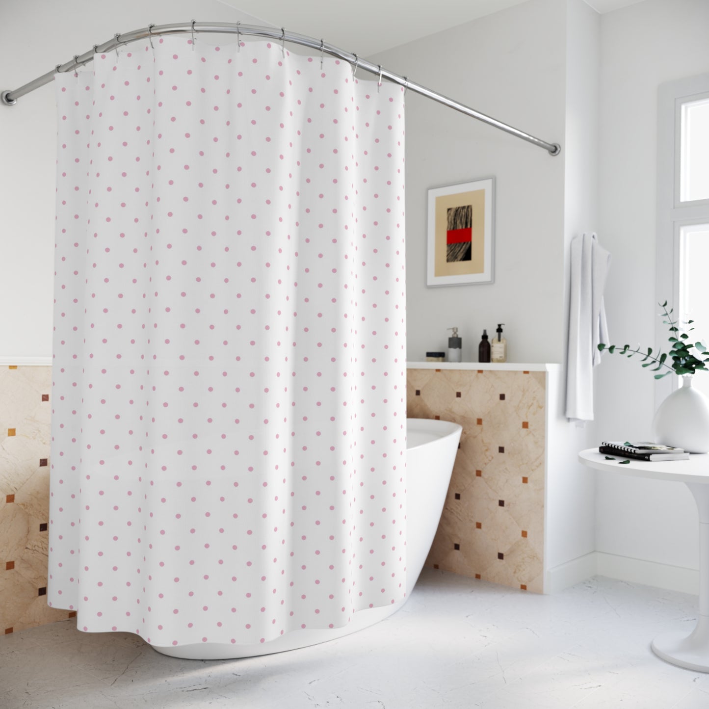 Chic Polka Dot Shower Curtain, Fun Bathroom Decor, Pink and White Dots Design, Modern Home Accessory, Gift for Housewarming, Bathroom