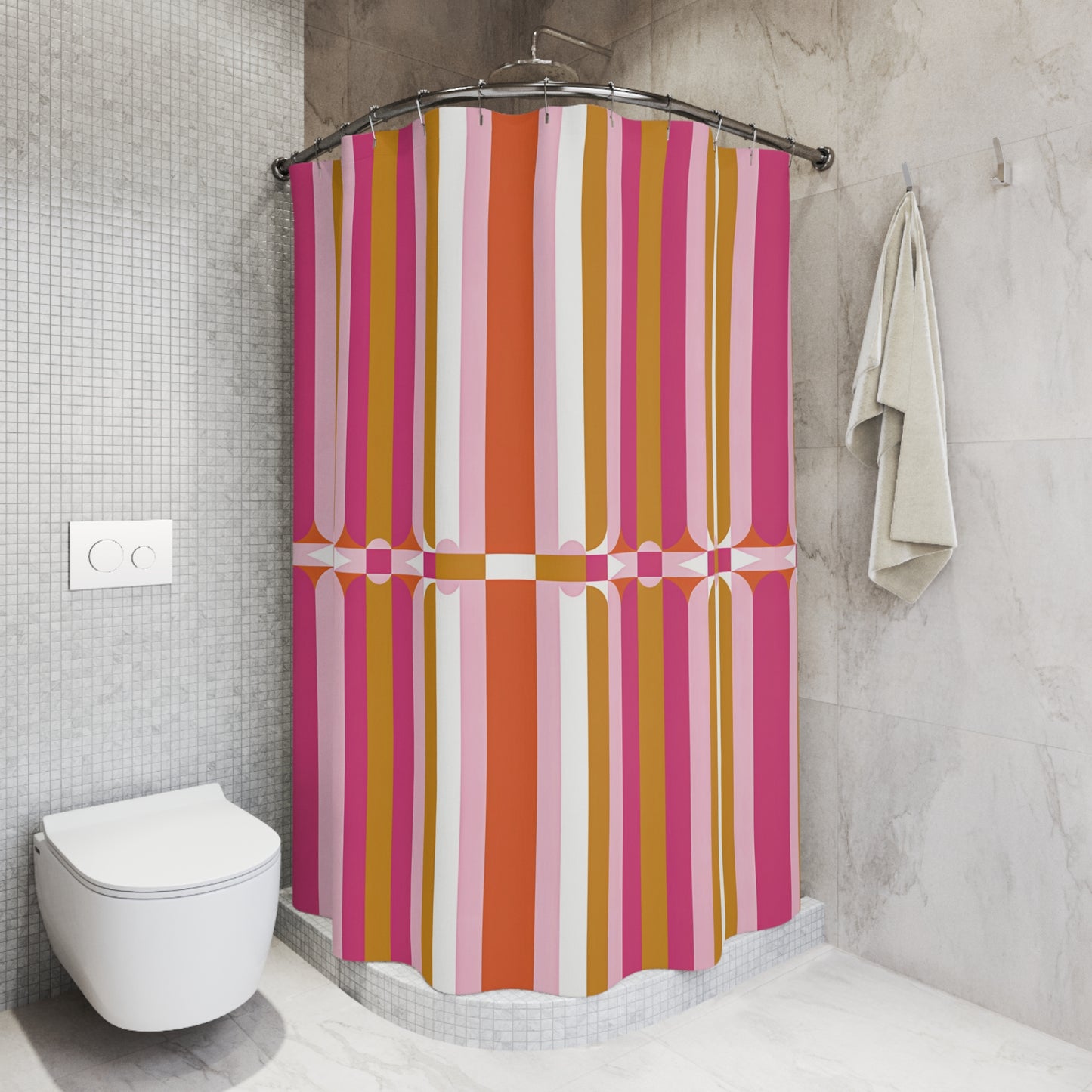Retro Pink Orange Stripe Shower Curtain | Mid-Century Geometric Bath