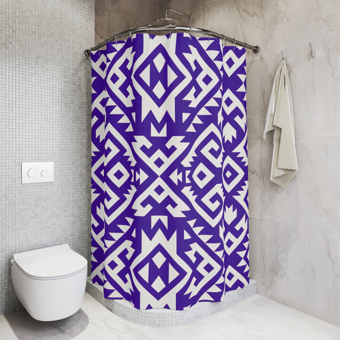 Geometric Boho Tribal Pattern Shower Curtain | Purple White Aztec Bathroom Decor