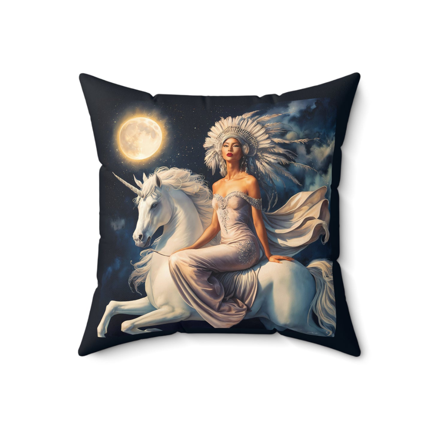 Fantasy Square Pillow, Princess Unicorn Full Moon Night Sky Decor, Magical Throw Cushion, Home Accent Gift, Bedroom - LOLA VEGAS ART