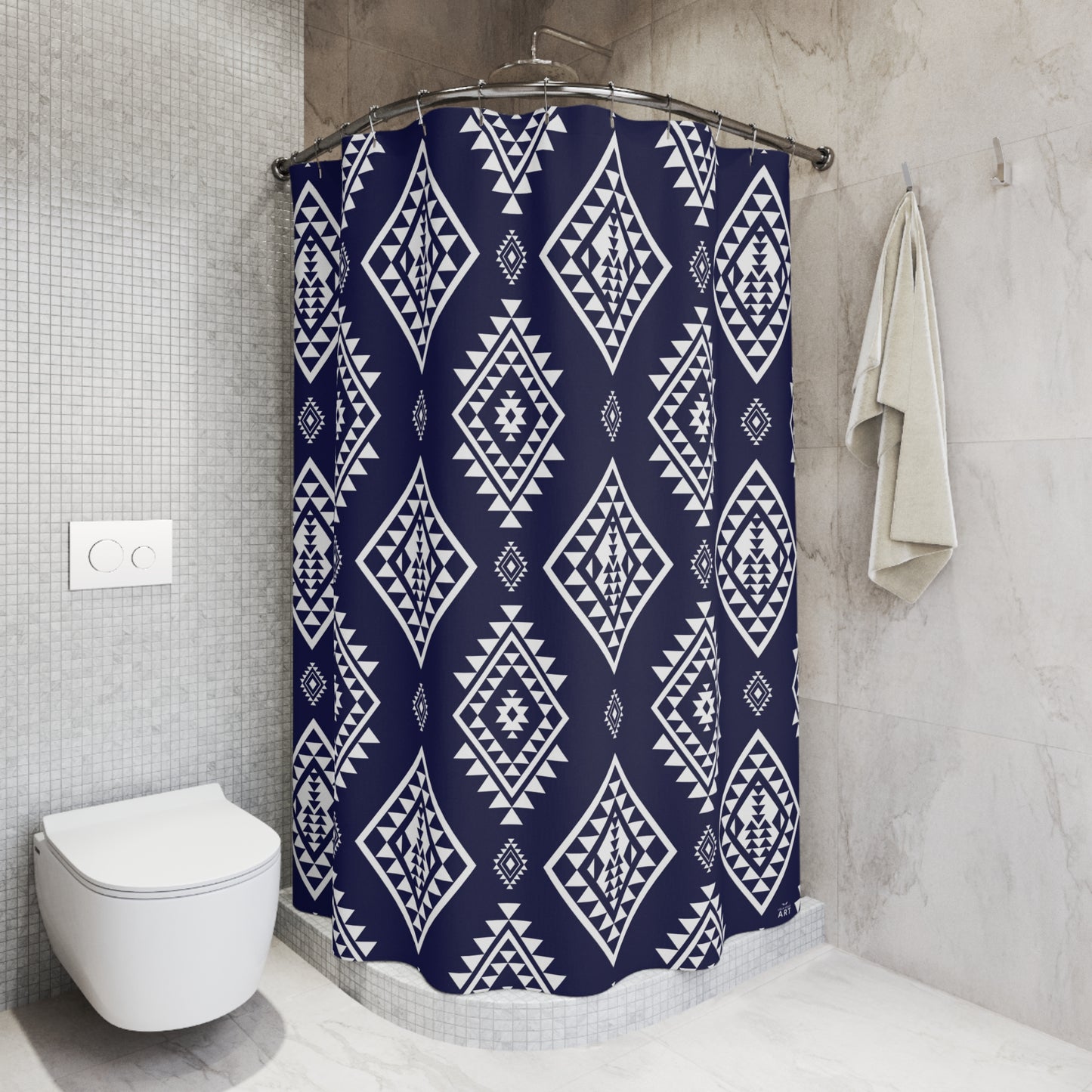 Navy Aztec Diamond Shower Curtain | Southwestern Geometric Bathroom Decor, Boho Bathroom Accessory