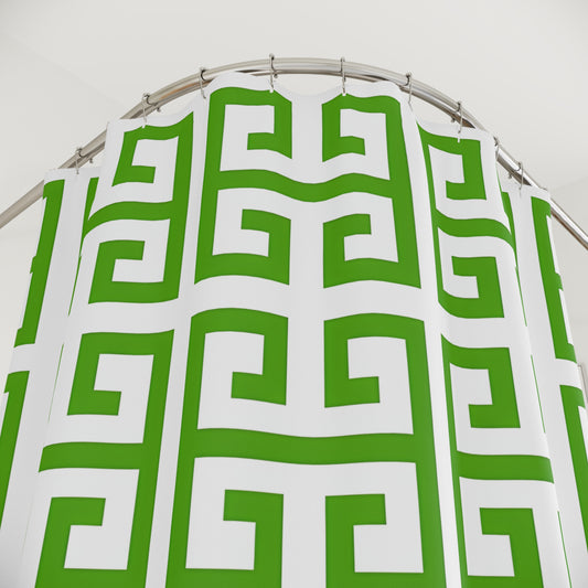Green Greek Key Pattern Shower Curtain | Geometric Bathroom Decor