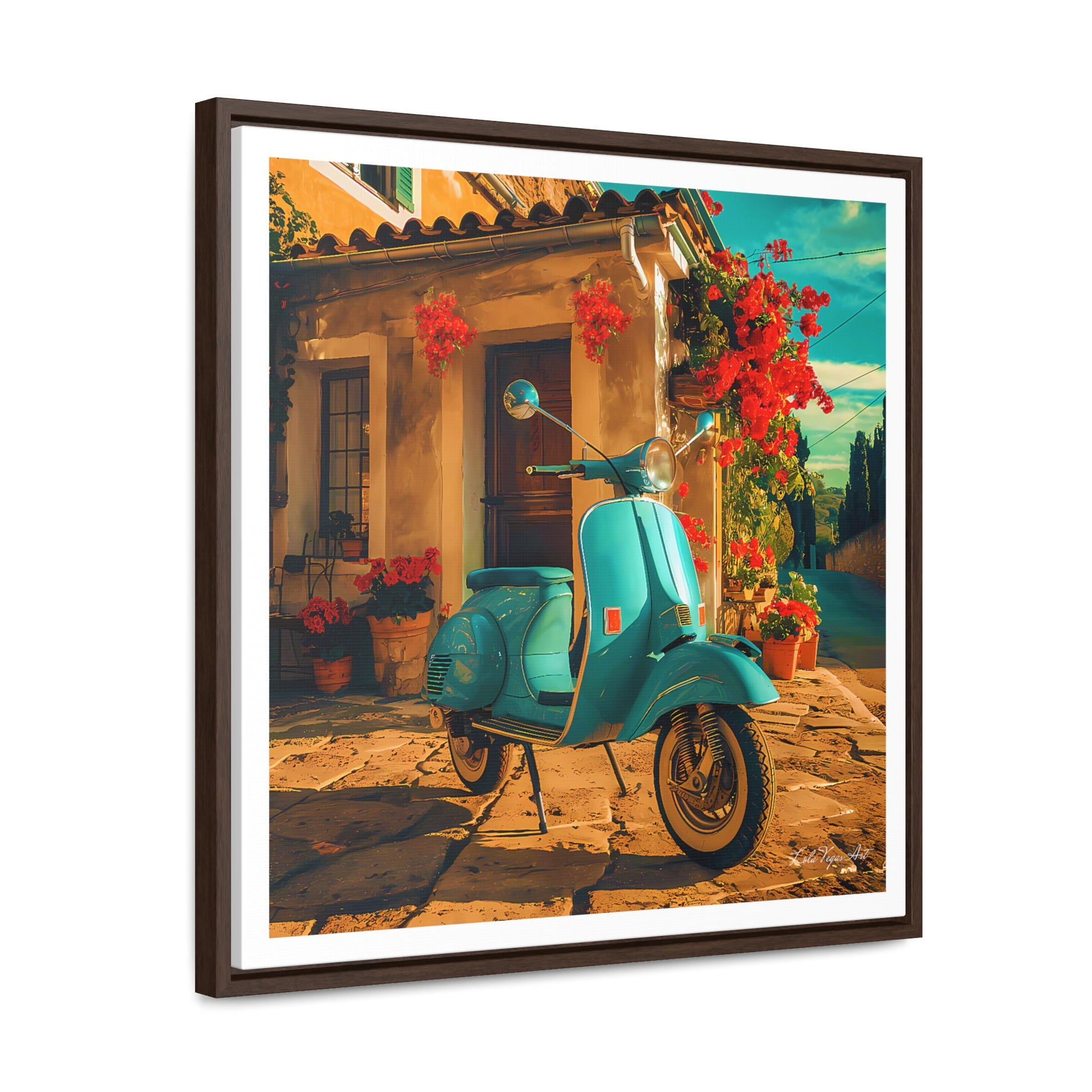 Square Frame Canvas Art, Turquoise Scooter Parked Outside Quaint Italian Village House with Red Flowers, Wall Decor, Home Decor, Summer Day - LOLA VEGAS ART