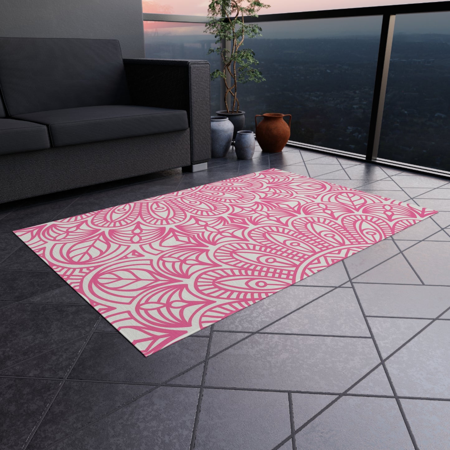 Pink Mandala Pattern Outdoor/Indoor Rug | Floral Patio Mat
