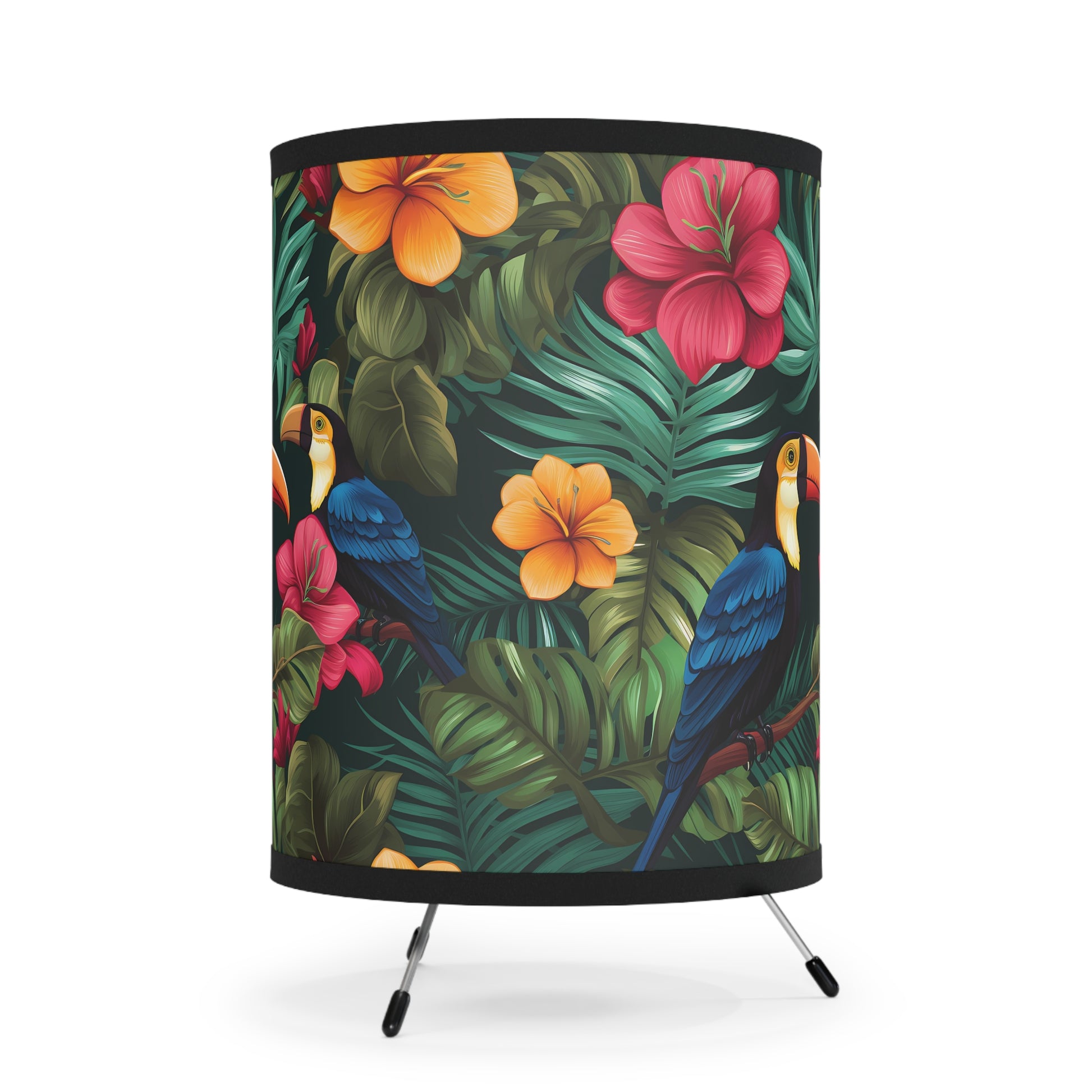 Tropical Tripod Lamp - Vibrant Floral Decor, Home Lighting, Boho-Chic Accent, Gift for Nature Lovers, Tropical Decor, Toucan Bird - LOLA VEGAS ART