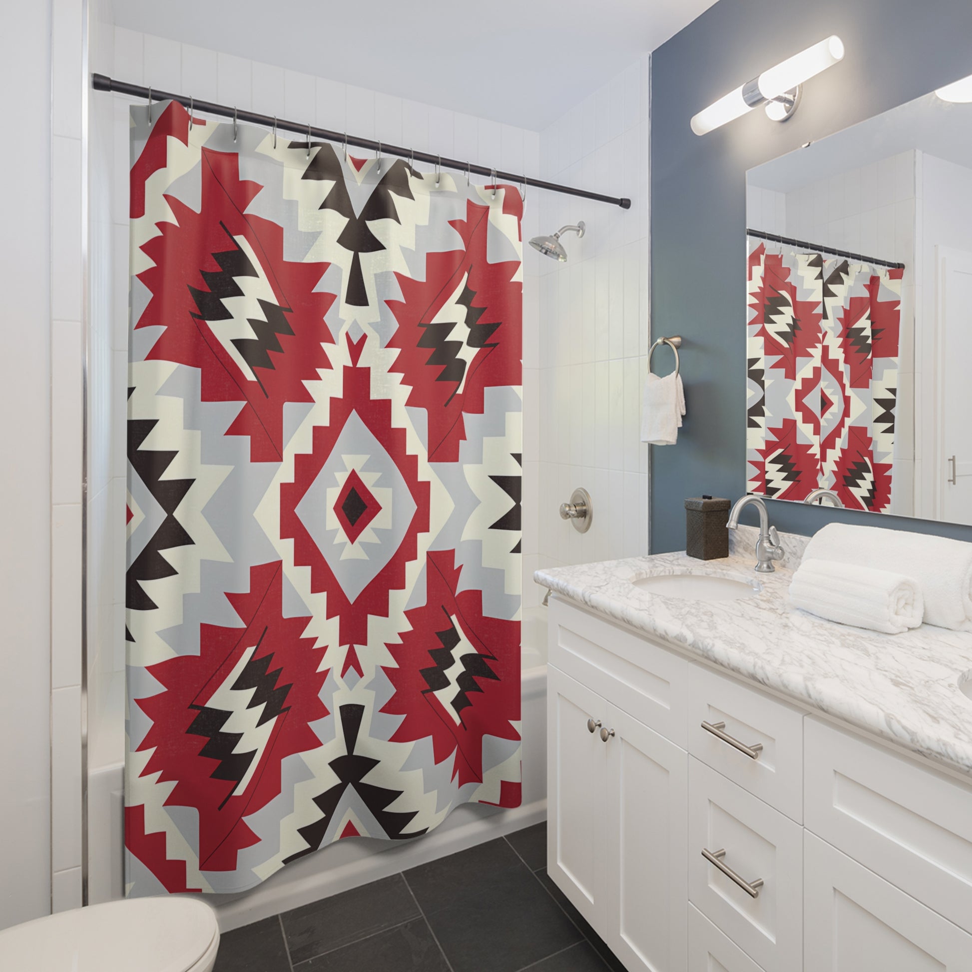 Boho Chic Shower Curtains, Tribal Pattern Bathroom Decor, Modern Native American Style, Red Gray Shower Decor, Unique Gift Ideas - LOLA VEGAS ART