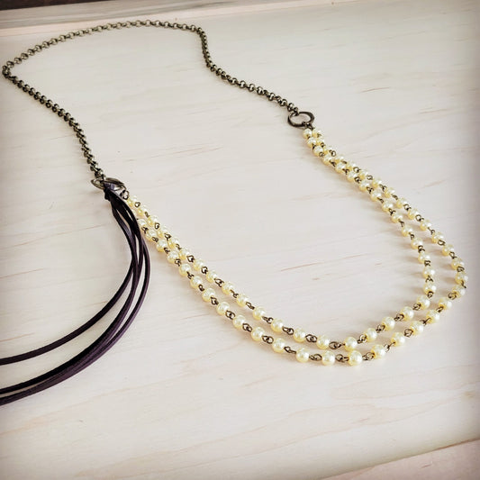 Double Strand Champagne Pearl Beaded Necklace, Leather Tassel 264s