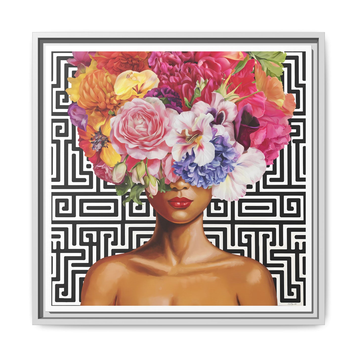 Framed Art Canvas: Vibrant Floral Portrait Decor, Boho Wall Art, Home Gallery, Gift for Her, Inspirational Art, Woman With Flower Head - LOLA VEGAS ART