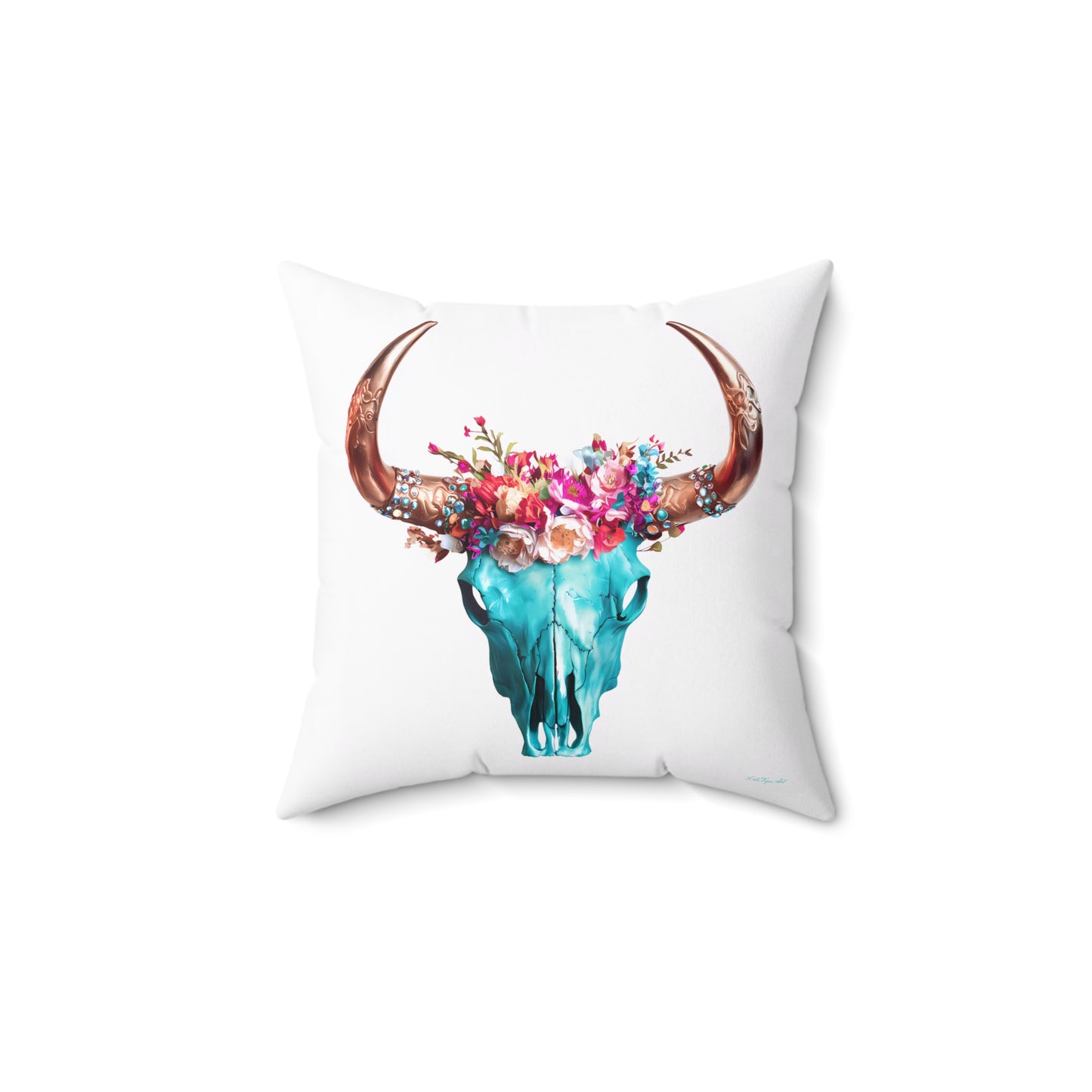 Boho Turquoise Skull Head Spun Polyester Pillow - Southwestern Hippie Home Decor,  Square Cushion Cover, Bohemian Throw - LOLA VEGAS ART