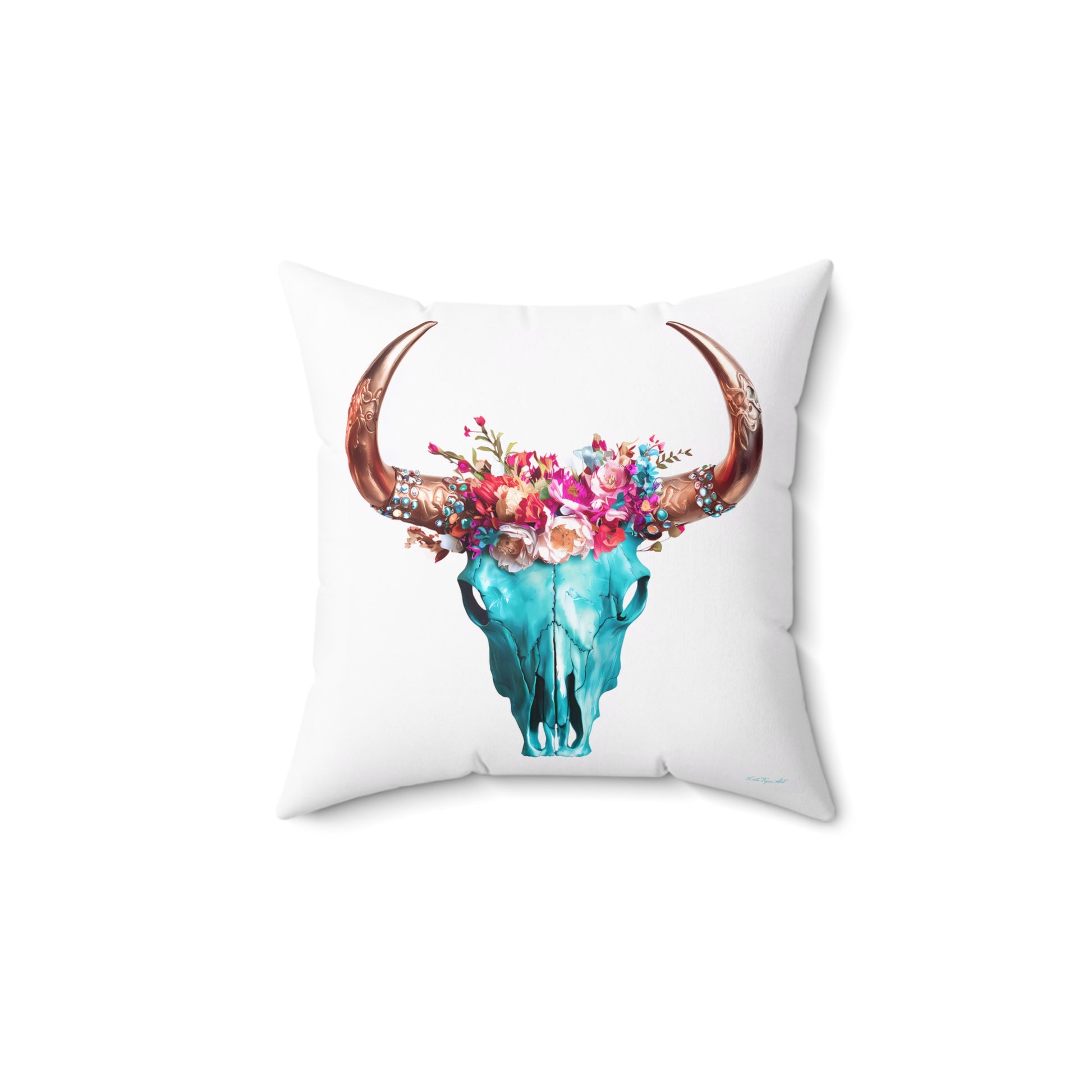 Boho Turquoise Skull Head Spun Polyester Pillow - Southwestern Hippie Home Decor,  Square Cushion Cover, Bohemian Throw - LOLA VEGAS ART