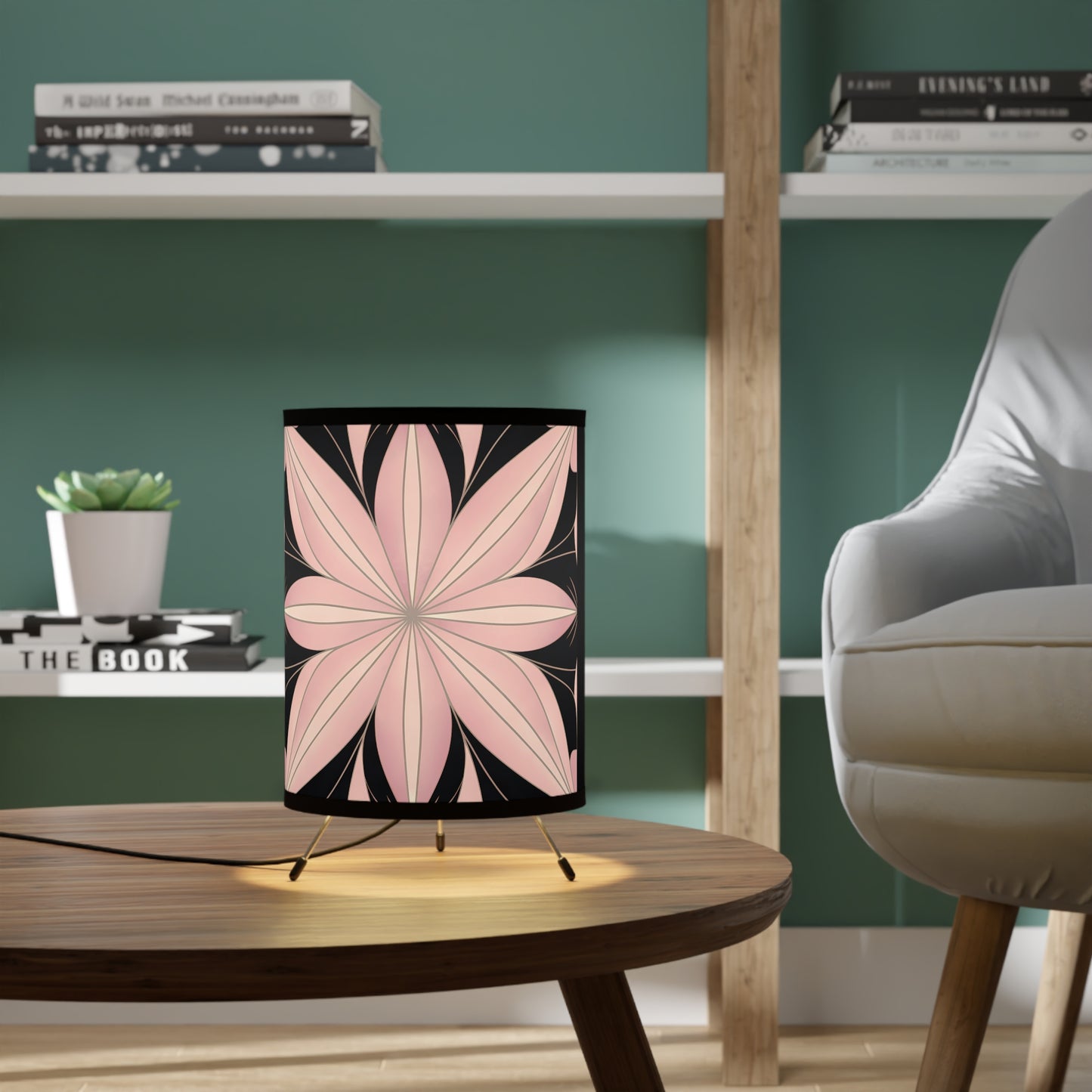 Table Lamp, Pink Art Deco Flower Hollywood Regency, Art Nouveau Home Decor, Tripod lamp with High-Res Printed Shade, US/CA Plug - LOLA VEGAS ART