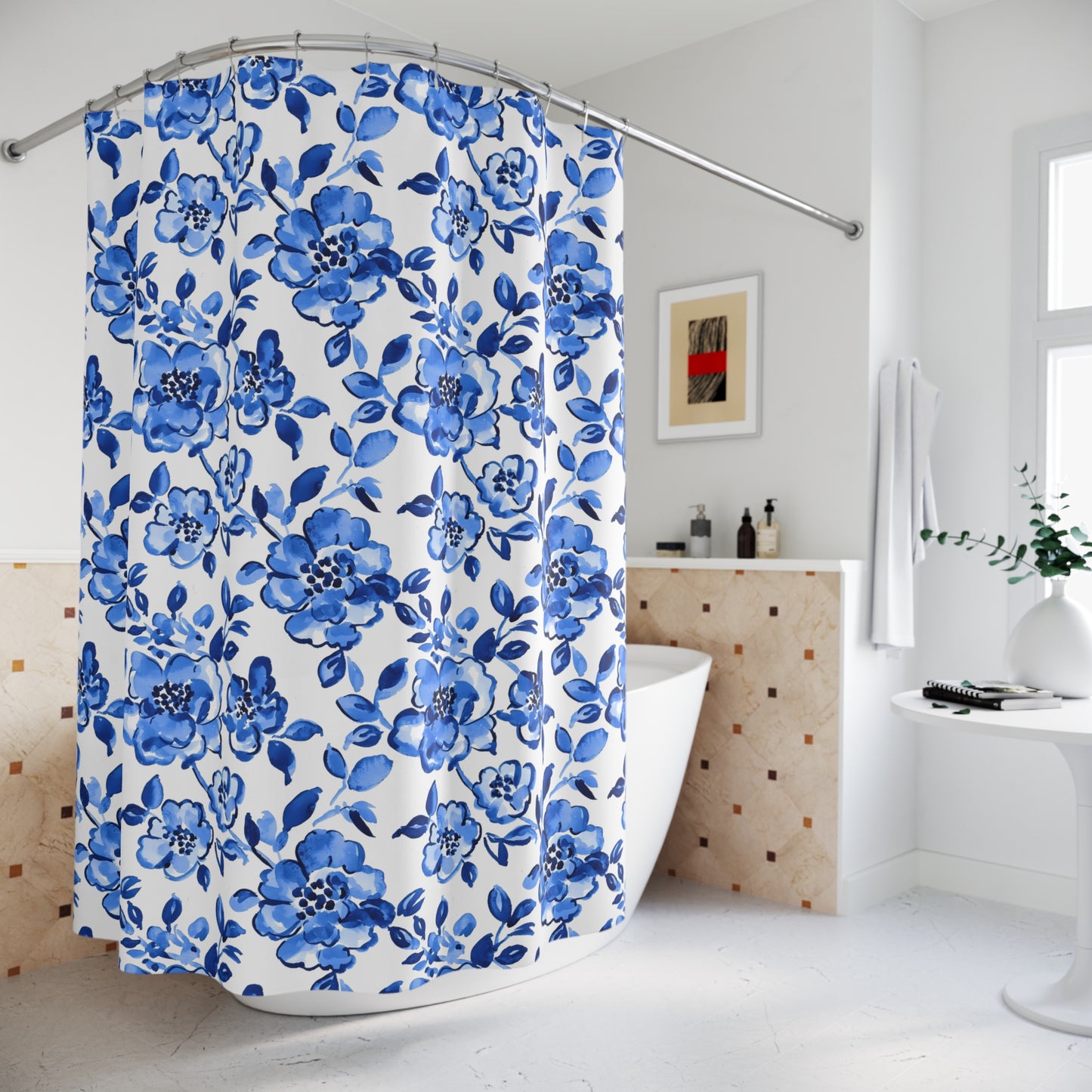 Elegant Floral Shower Curtain, Blue Flower Bath Decor, Bathroom Accessories, Spring Home Decor, Gift for Homeowner, Floral Design