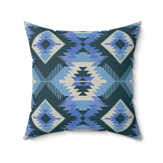 Bohemian Blue Geometric Pillow, Cozy Home Decor, Throw Cushion, Aztec Style, Gift for Her, Living Room Accent - LOLA VEGAS ART