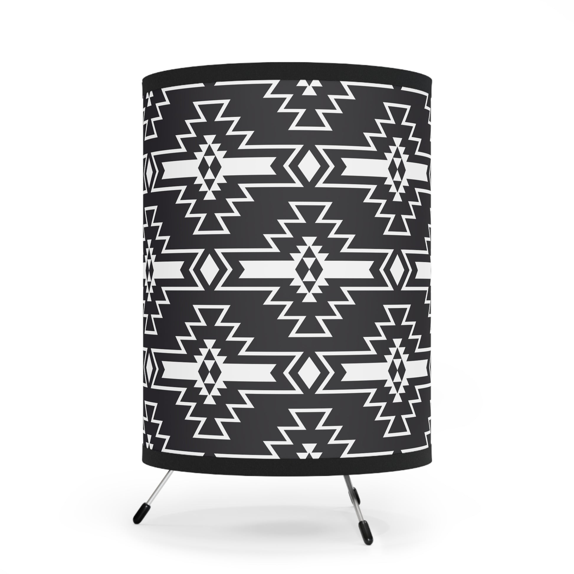 Modern Tribal Tripod Lamp, Bohemian Home Decor, Unique Lighting, Black and White Shade, Stylish Gift for New Home, Southwestern Design - LOLA VEGAS ART