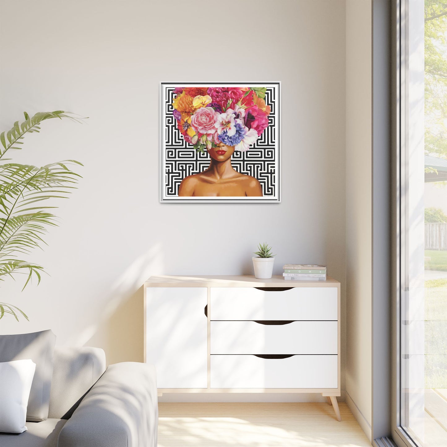 Framed Art Canvas: Vibrant Floral Portrait Decor, Boho Wall Art, Home Gallery, Gift for Her, Inspirational Art, Woman With Flower Head - LOLA VEGAS ART