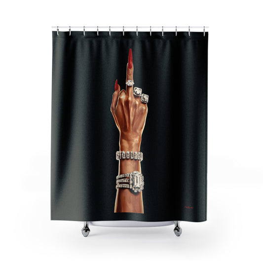 Funny Woman's Hand Shower Curtains - Defiant, Empowering Bathroom Decor, Black Curtain - LOLA VEGAS ART
