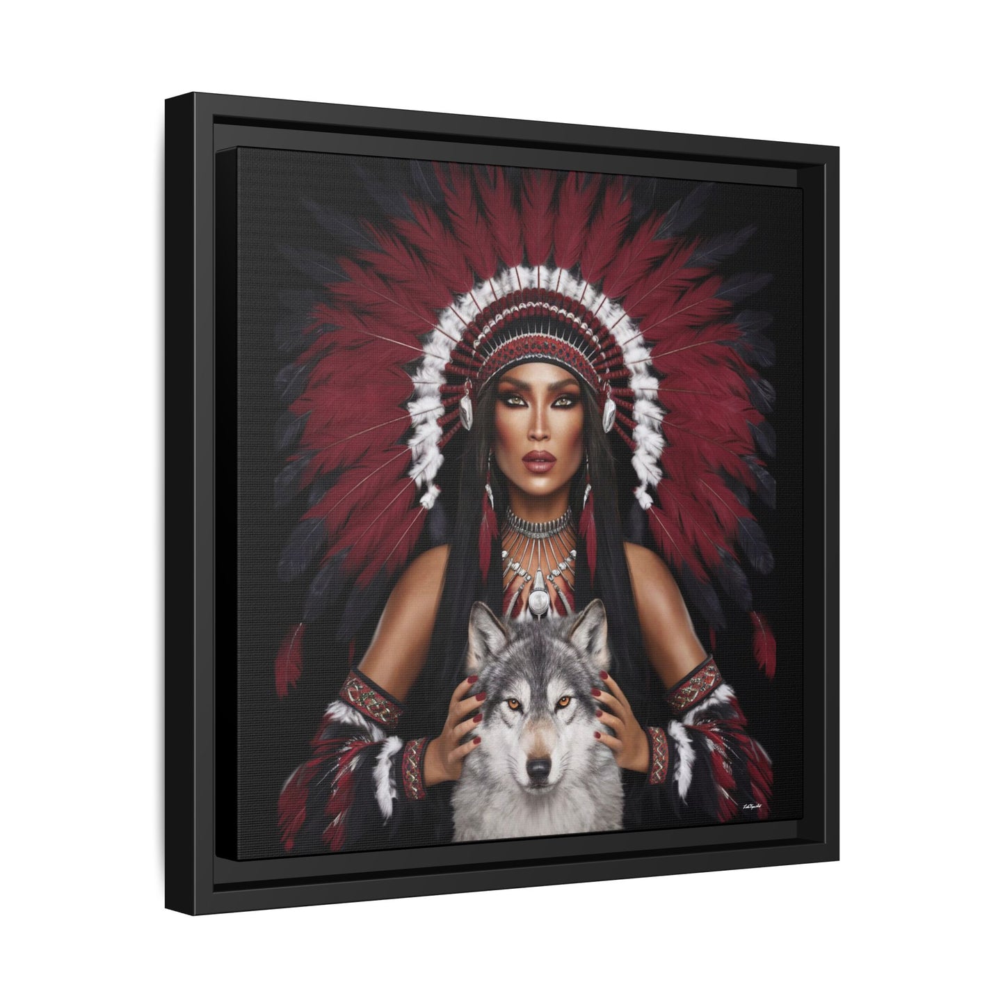 Canvas Wall Art,  Woman with White Wolf, Southwestern Home Decor, Square Framed Print, Multi-color, Burgundy Black Feather - LOLA VEGAS ART