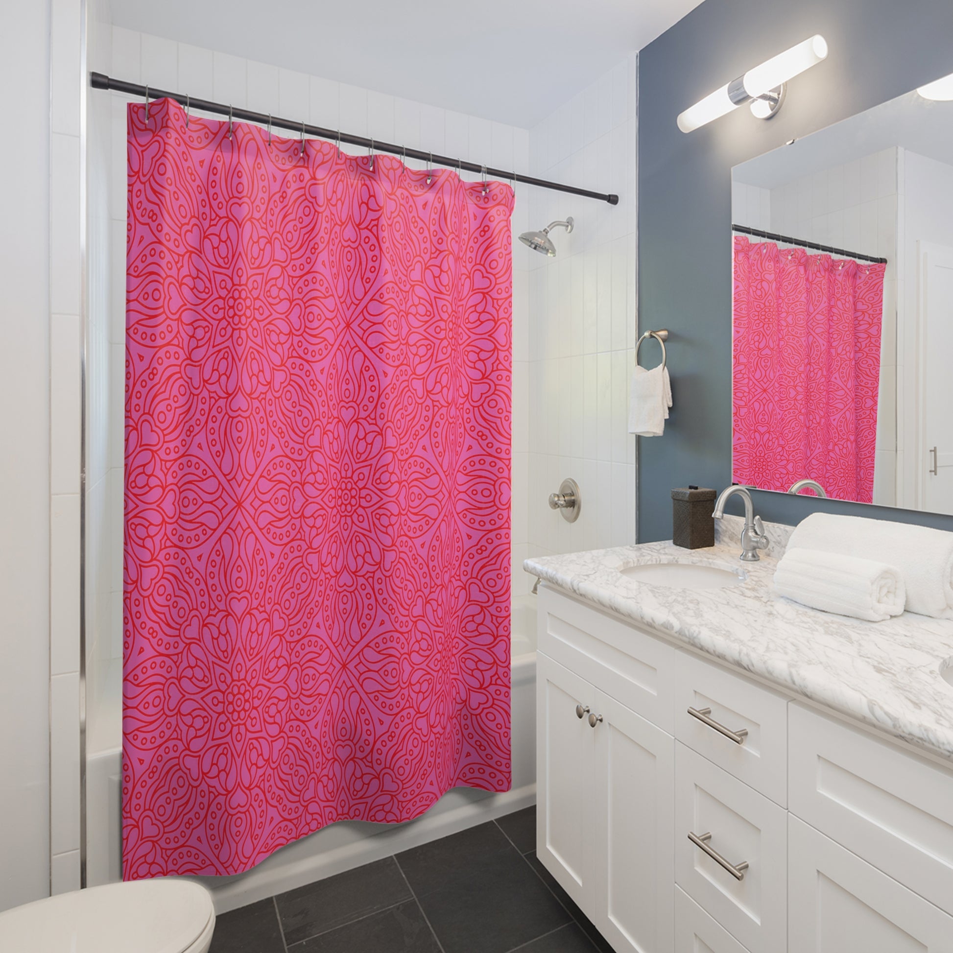 Bohemian Pink Shower Curtain, Vibrant Bathroom Décor, Floral Design, Gift for Home, Modern Bath Accessories, Mandala Shower Curtain - LOLA VEGAS ART