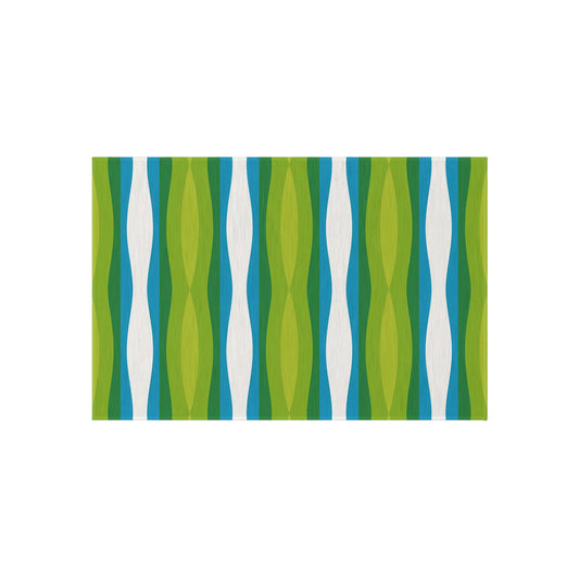 Green Blue White Wave Pattern Outdoor Rug | Striped Patio Mat