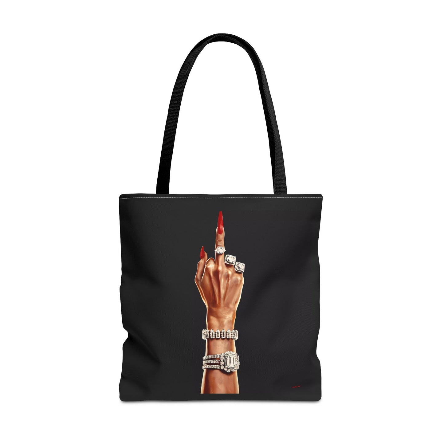Fashionista Tote Bag - Wealthy Woman Giving the Finger - Bold and Audacious - Diamond Rings and Bracelets, Glam Girl Accessory, Black - LOLA VEGAS ART