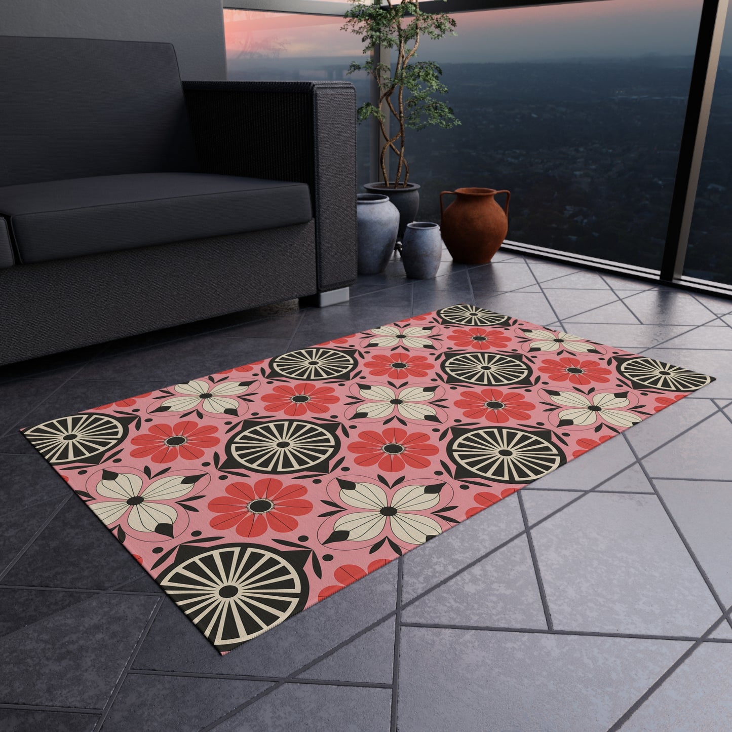 Pink, black and White Colorful Floral Outdoor/Indoor Rug, Garden Decor, Patio Mat, Boho Style Area Carpet, Eco-Friendly Home Accent