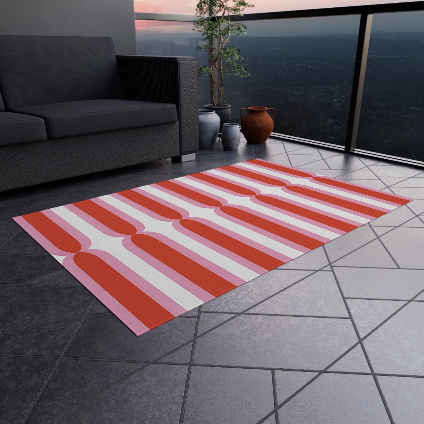 Retro Pink Orange White Stripe Outdoor/Indoor Rug | Geometric Patio Mat