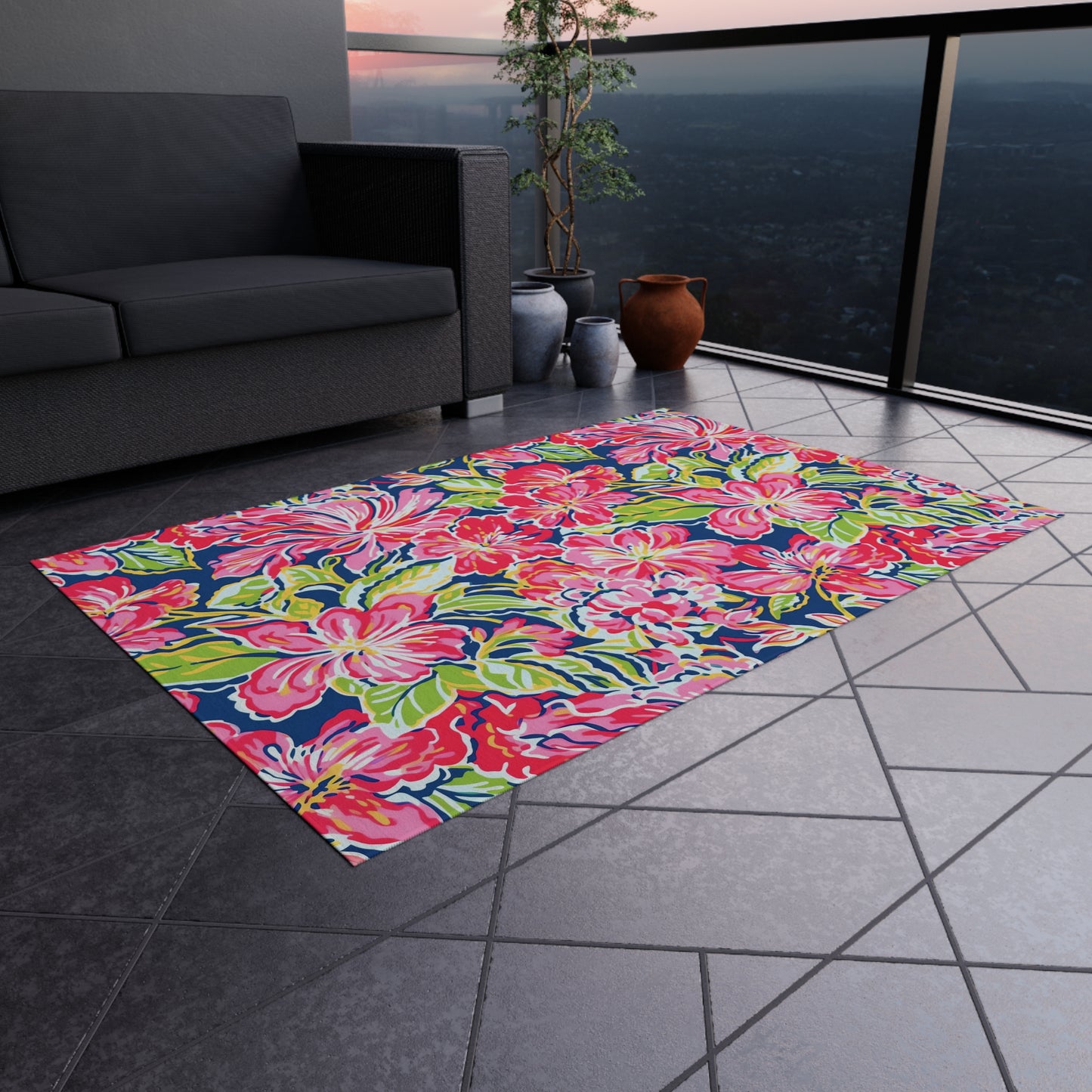 Pink Tropical Floral Indoor/Outdoor Rug | Hibiscus Pattern Patio Mat