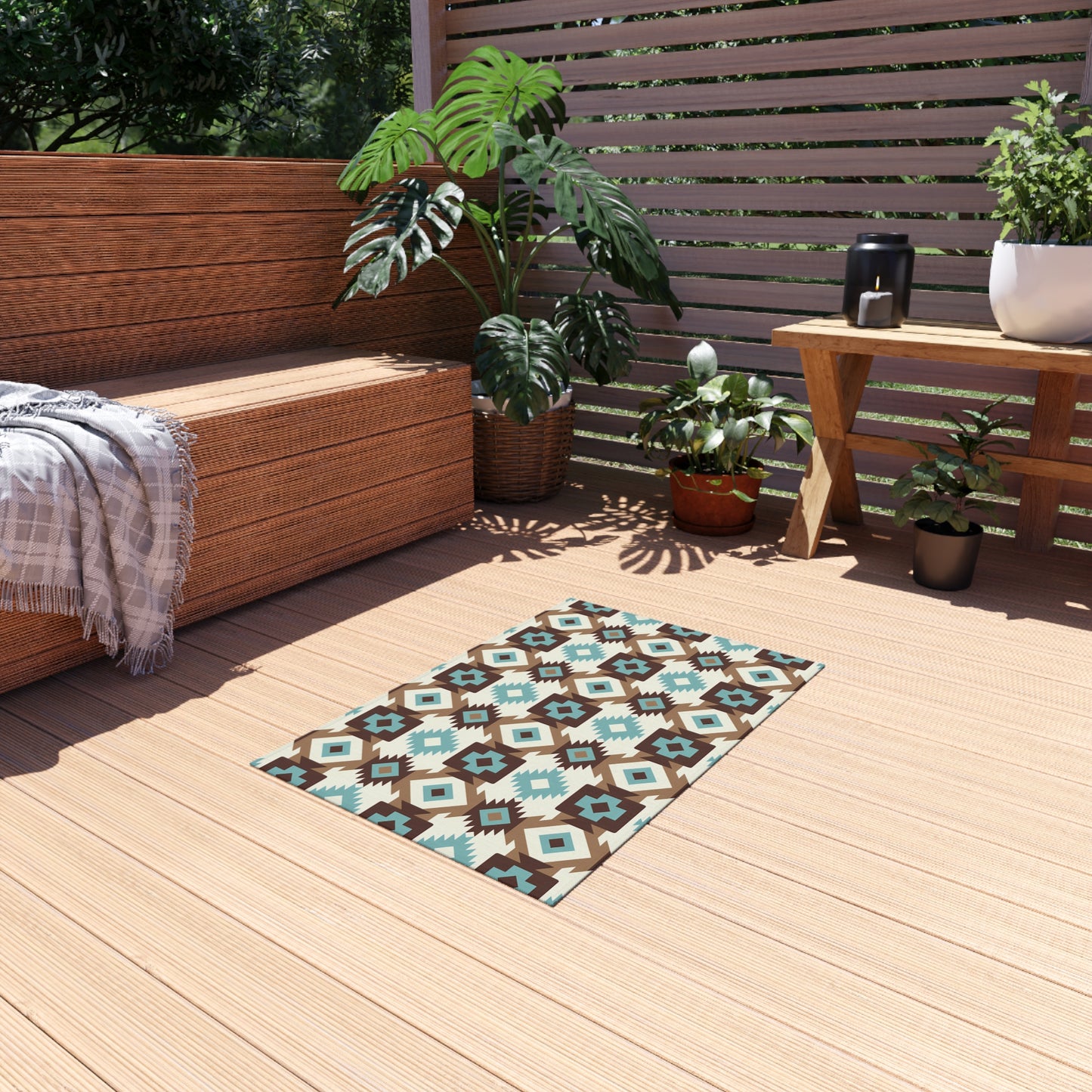 Turquoise, brown, white Stylish Outdoor/Indoor Rug for Patios, Bohemian Decor, Modern Outdoor Living, Picnic Essentials, Garden Party Decor - LOLA VEGAS ART