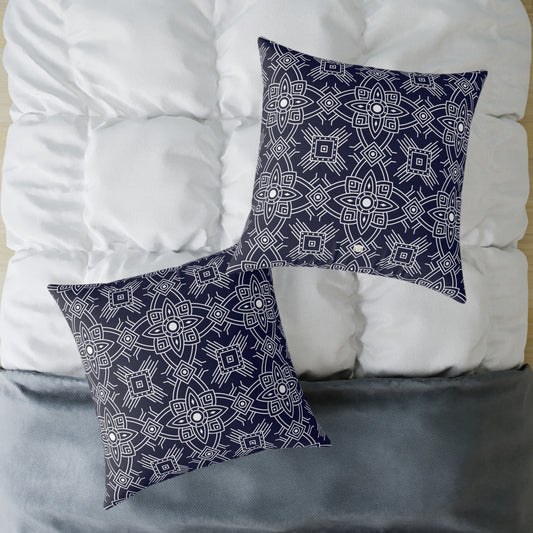 Navy White Geometric Mandala Square Pillow | Blue Pattern Throw Pillow