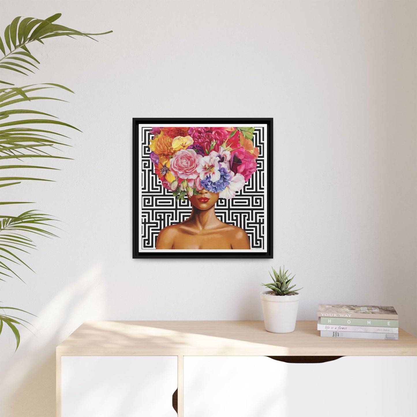 Framed Art Canvas: Vibrant Floral Portrait Decor, Boho Wall Art, Home Gallery, Gift for Her, Inspirational Art, Woman With Flower Head - LOLA VEGAS ART