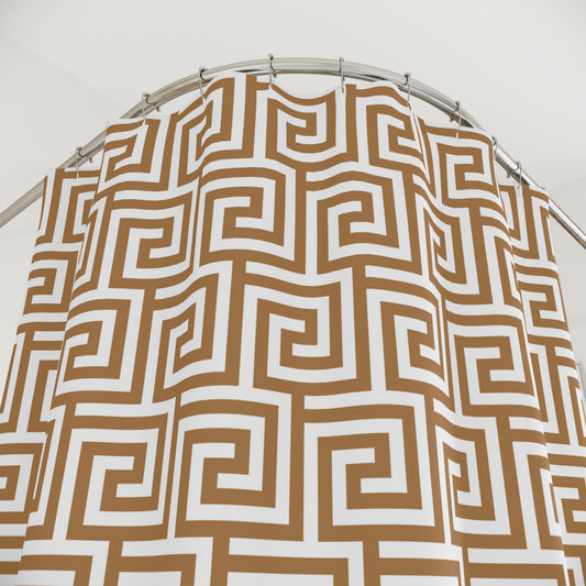 Light Brown and White Greek Key pattern Shower Curtain | Geometric Bathroom Decor Glam Bathroom Accessory