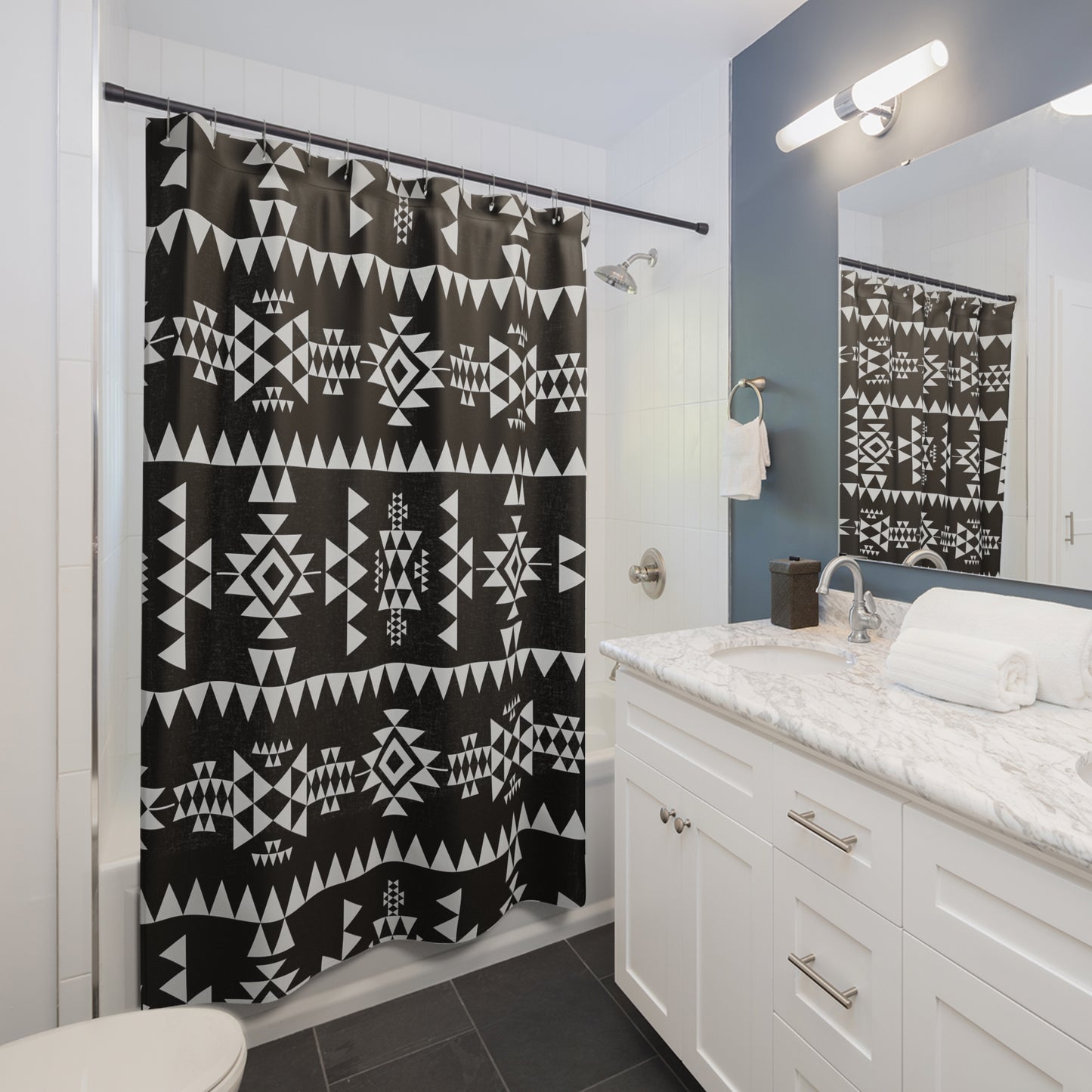 Tribal Boho Southwest Shower Curtain - Black & White Geometric Ethnic Home Decor, Bathroom Accessories, Indie Art Bath Decor,