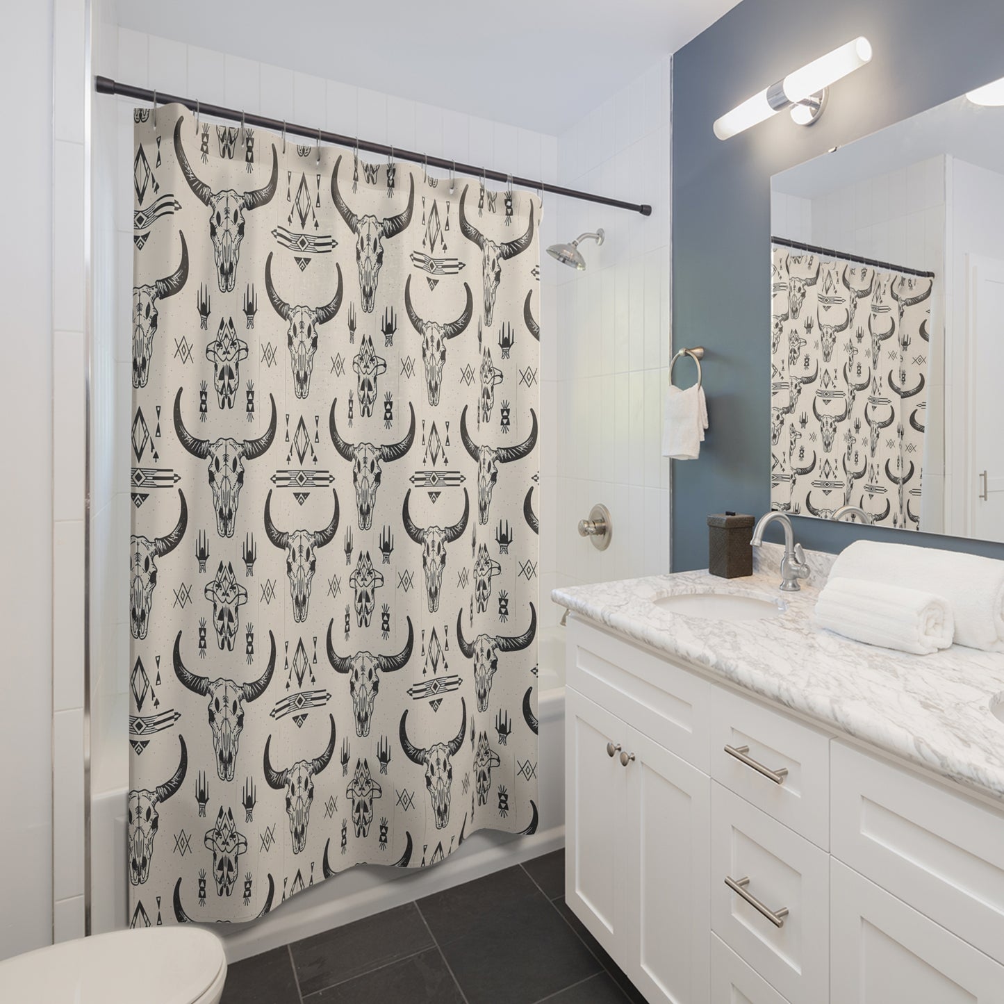 Rustic Bull Skull Shower Curtain - Boho Home Decor, Western Style Bathroom, Unique Gift for Cowgirls and Farmhouse Lovers, Tribal Design - LOLA VEGAS ART