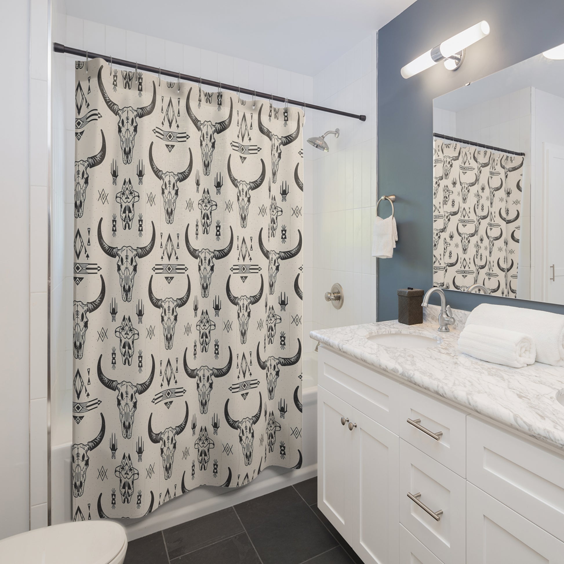 Rustic Bull Skull Shower Curtain - Boho Home Decor, Western Style Bathroom, Unique Gift for Cowgirls and Farmhouse Lovers, Tribal Design - LOLA VEGAS ART