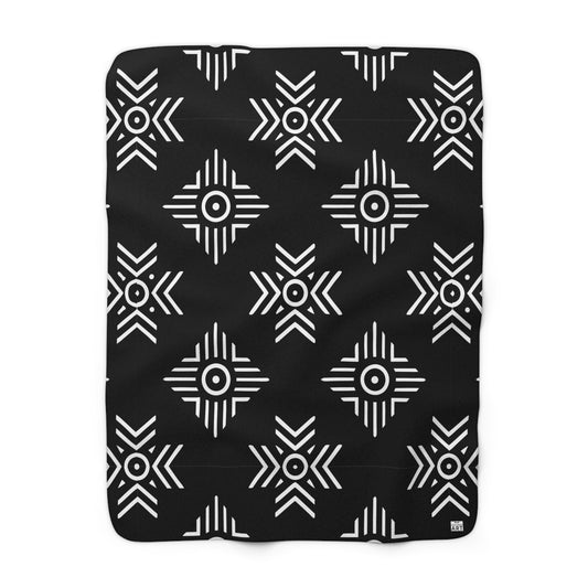 Black White Tribal Geometric Pattern Sherpa Blanket | Aztec Inspired Throw