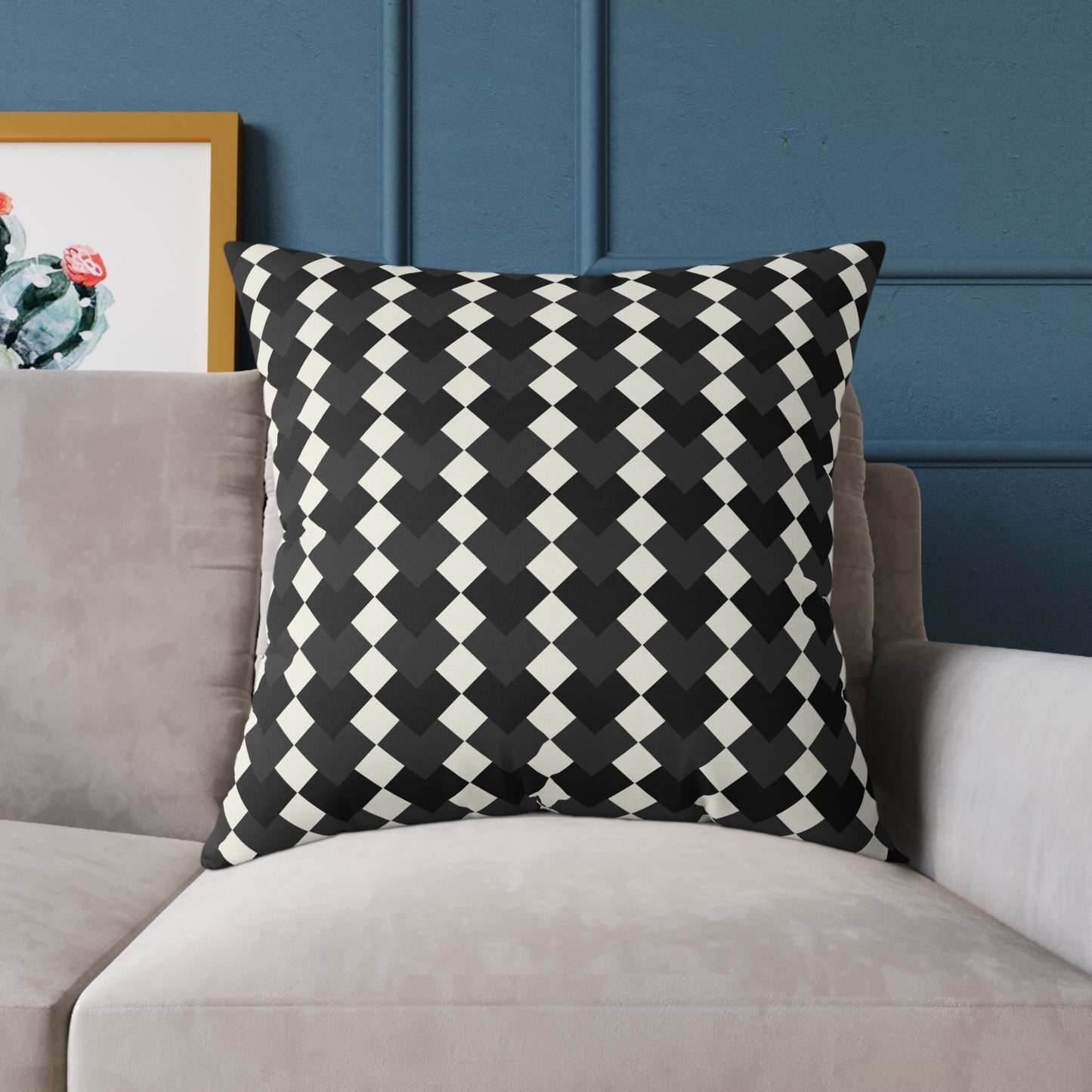 Black White Harlequin Diamond Pattern Pillow | Square Poly Canvas Pillow