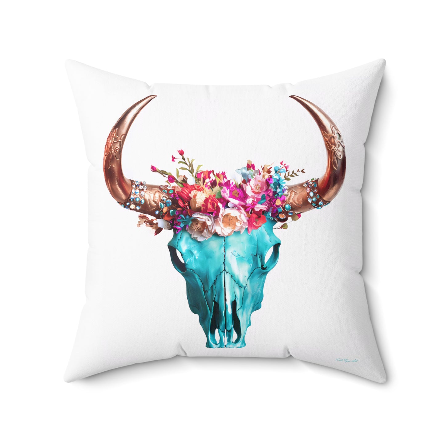 Boho Turquoise Skull Head Spun Polyester Pillow - Southwestern Hippie Home Decor,  Square Cushion Cover, Bohemian Throw - LOLA VEGAS ART